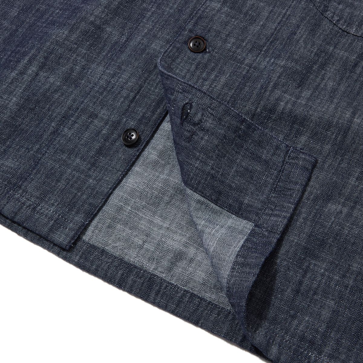 펜필드(PENFIELD) 워시드 슬럽 데님 오픈 카라 셔츠_FR2WR10U
