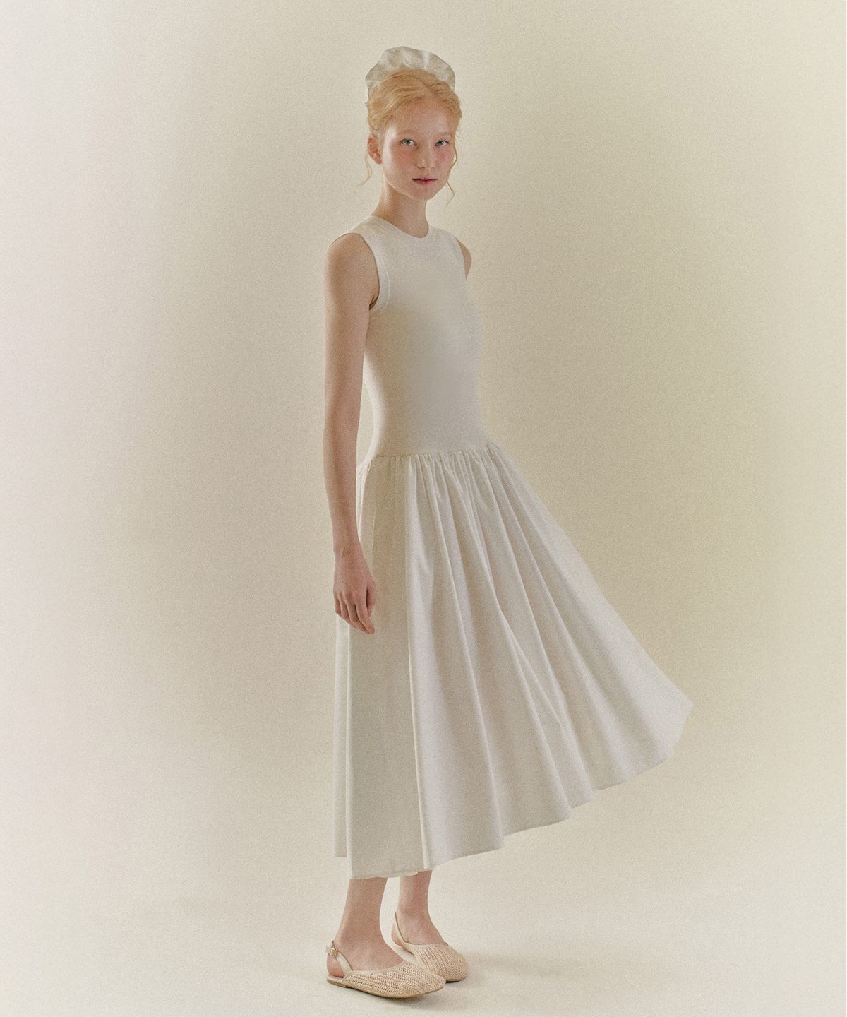 니나코스타(NINACOSTA) KNIT WOVEN MIXED DRESS_Ivory