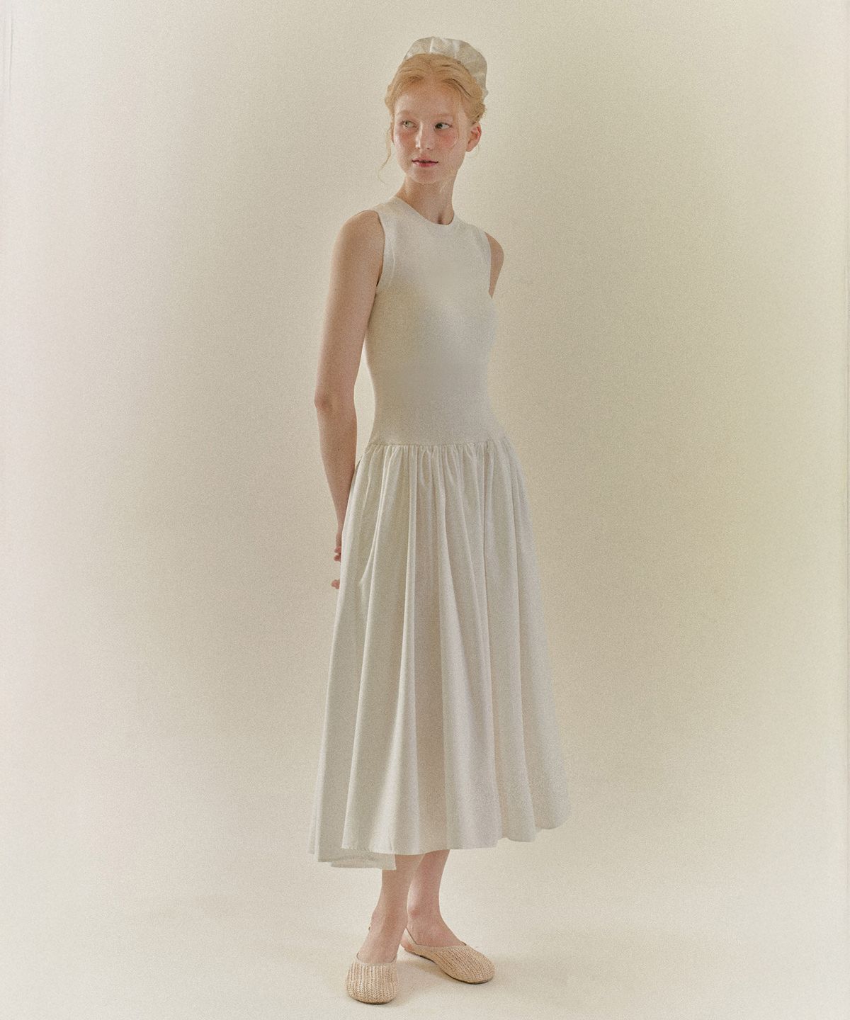 니나코스타(NINACOSTA) KNIT WOVEN MIXED DRESS_Ivory