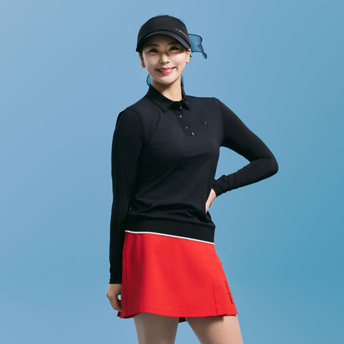 챌린저(CHALLENGER) 여성 냉감소매 카라 긴팔 썬가드 티셔츠 블랙