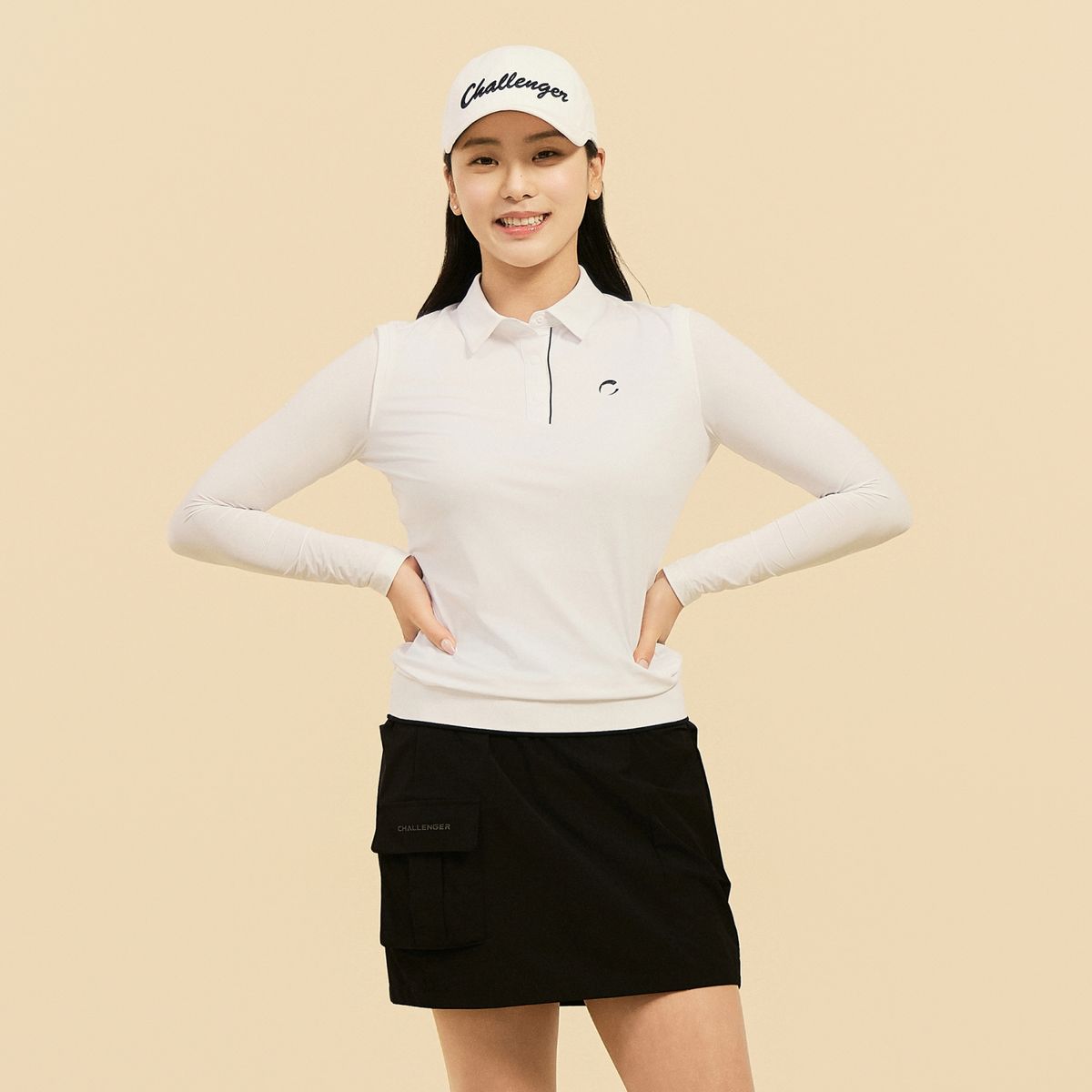 챌린저(CHALLENGER) 여성 냉감소매 카라 긴팔 썬가드 티셔츠 화이트