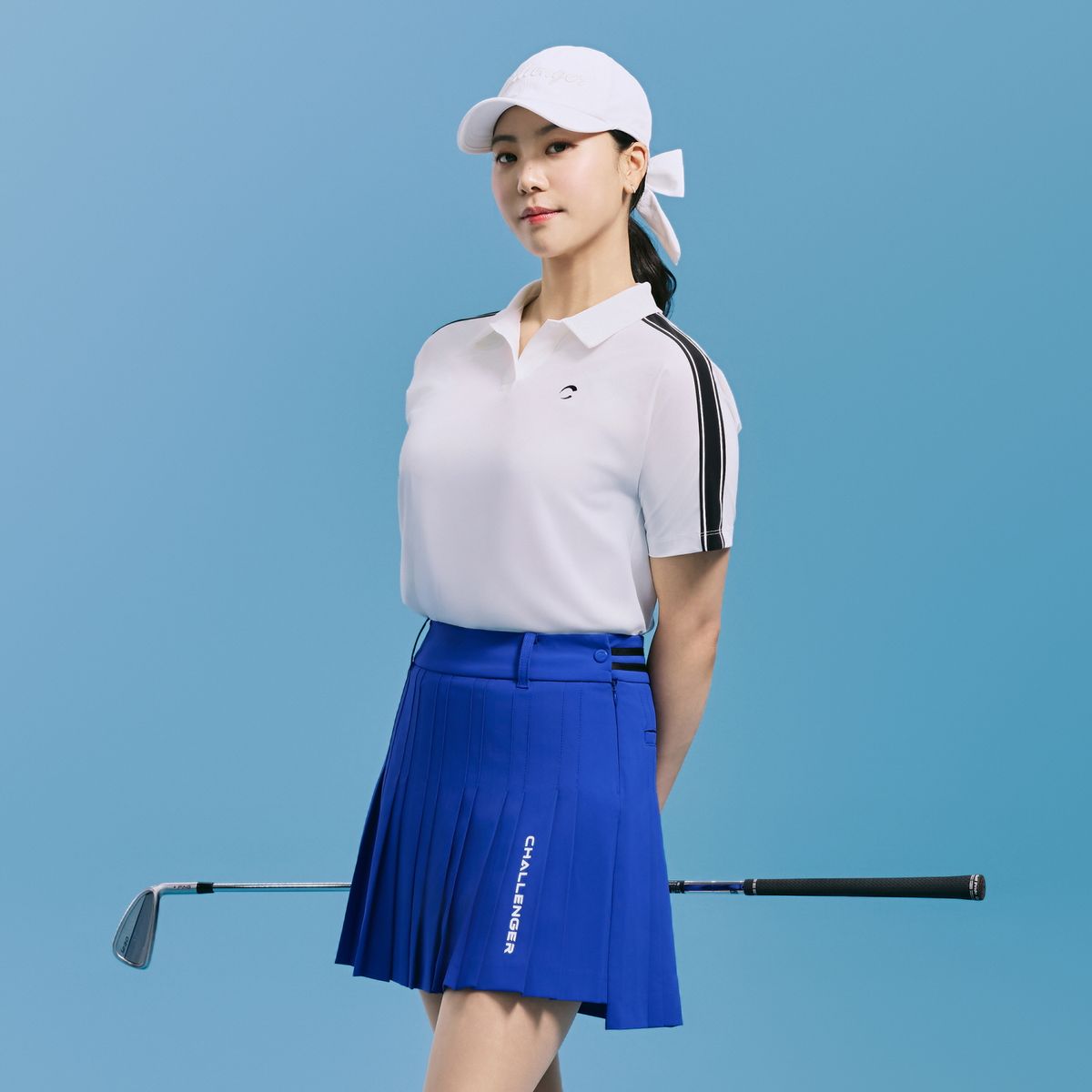 챌린저(CHALLENGER) 여성 트리코트 배색 디테일 오픈 카라 반팔티 화이트