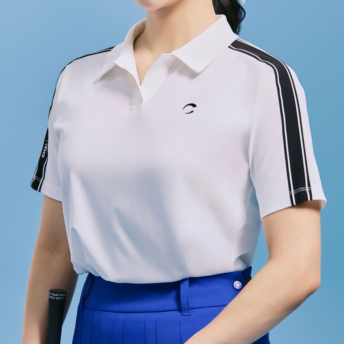 챌린저(CHALLENGER) 여성 트리코트 배색 디테일 오픈 카라 반팔티 화이트