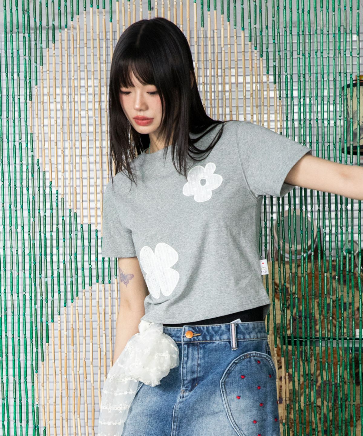 루나키후(RuNaKi'Hu') WXT043 솜사탕 레이스 아플리케 반팔 티셔츠 (MELANGE GRAY)