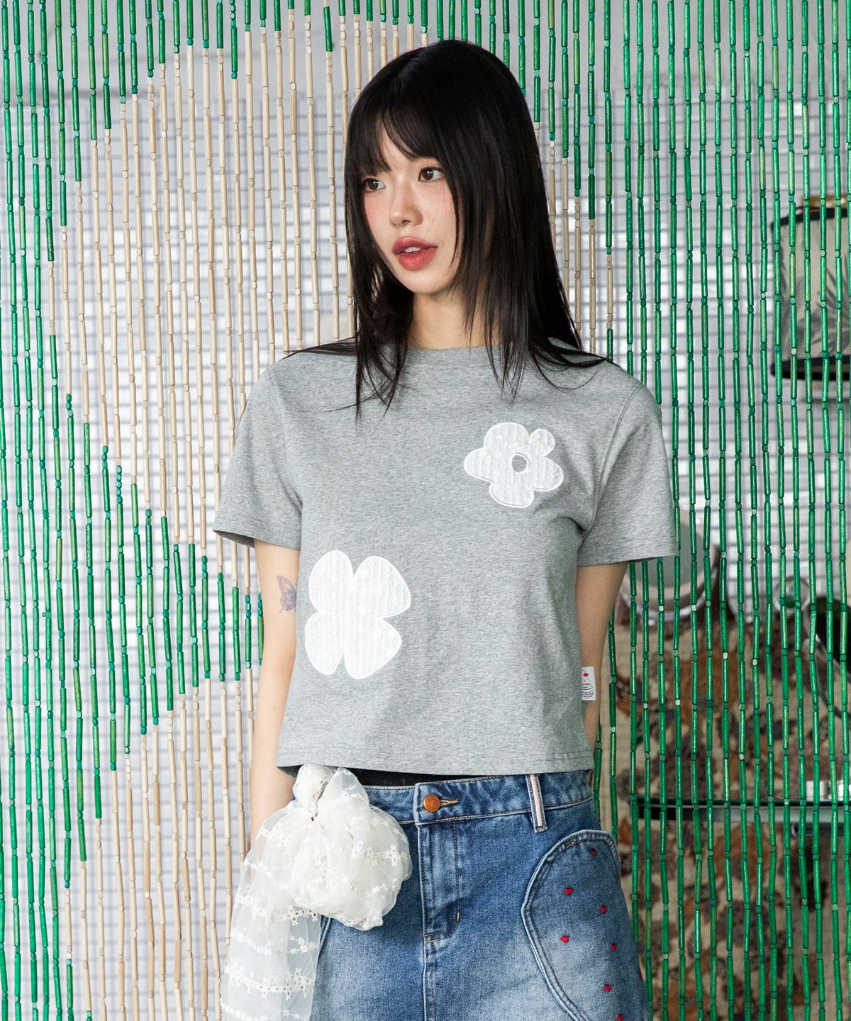 루나키후(RuNaKi'Hu') WXT043 솜사탕 레이스 아플리케 반팔 티셔츠 (MELANGE GRAY)