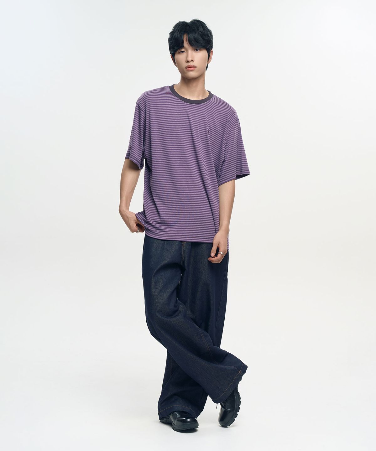 슬로우 레코드 하우스(SLOW RECORD HOUSE) 스트라이프 반팔 티셔츠_퍼플