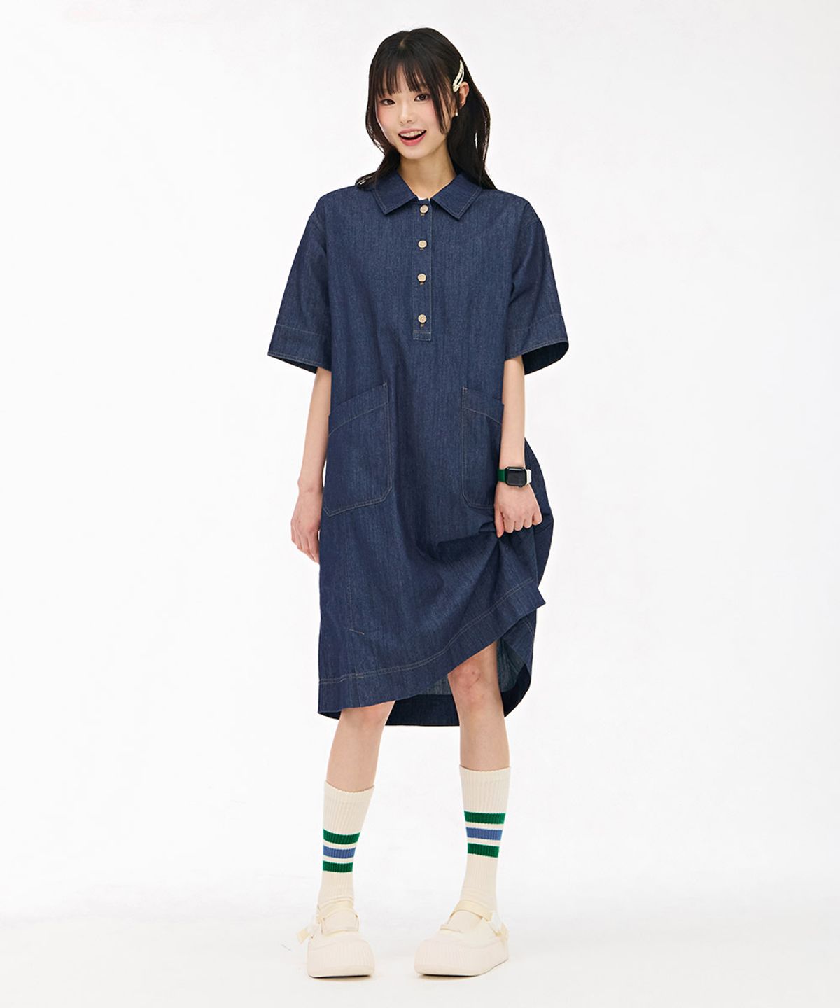 체이스컬트(CHASECULT) 여성 데님 셔츠 카라 원피스-네이비
