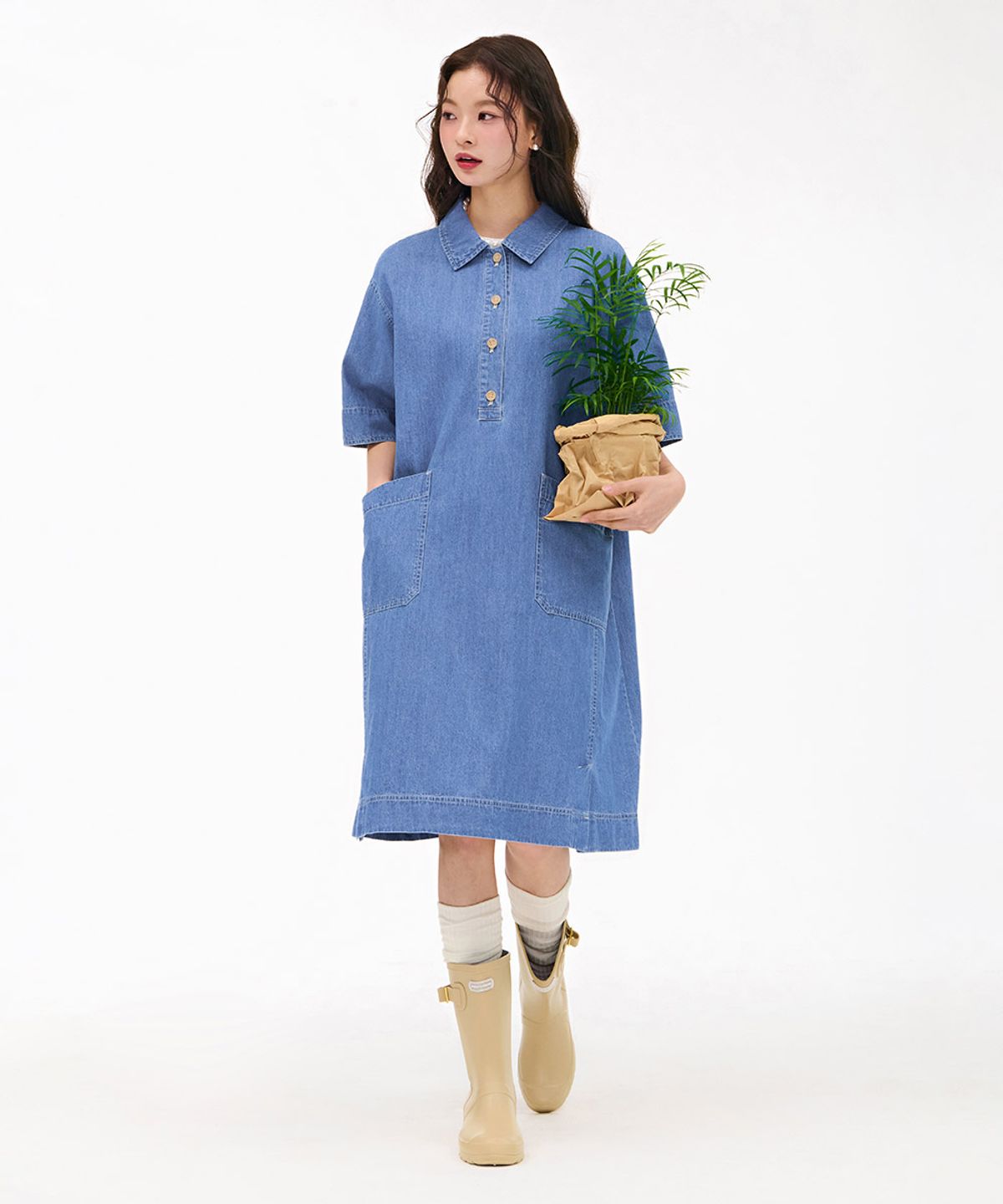 체이스컬트(CHASECULT) 여성 데님 셔츠 카라 원피스-스카이블루