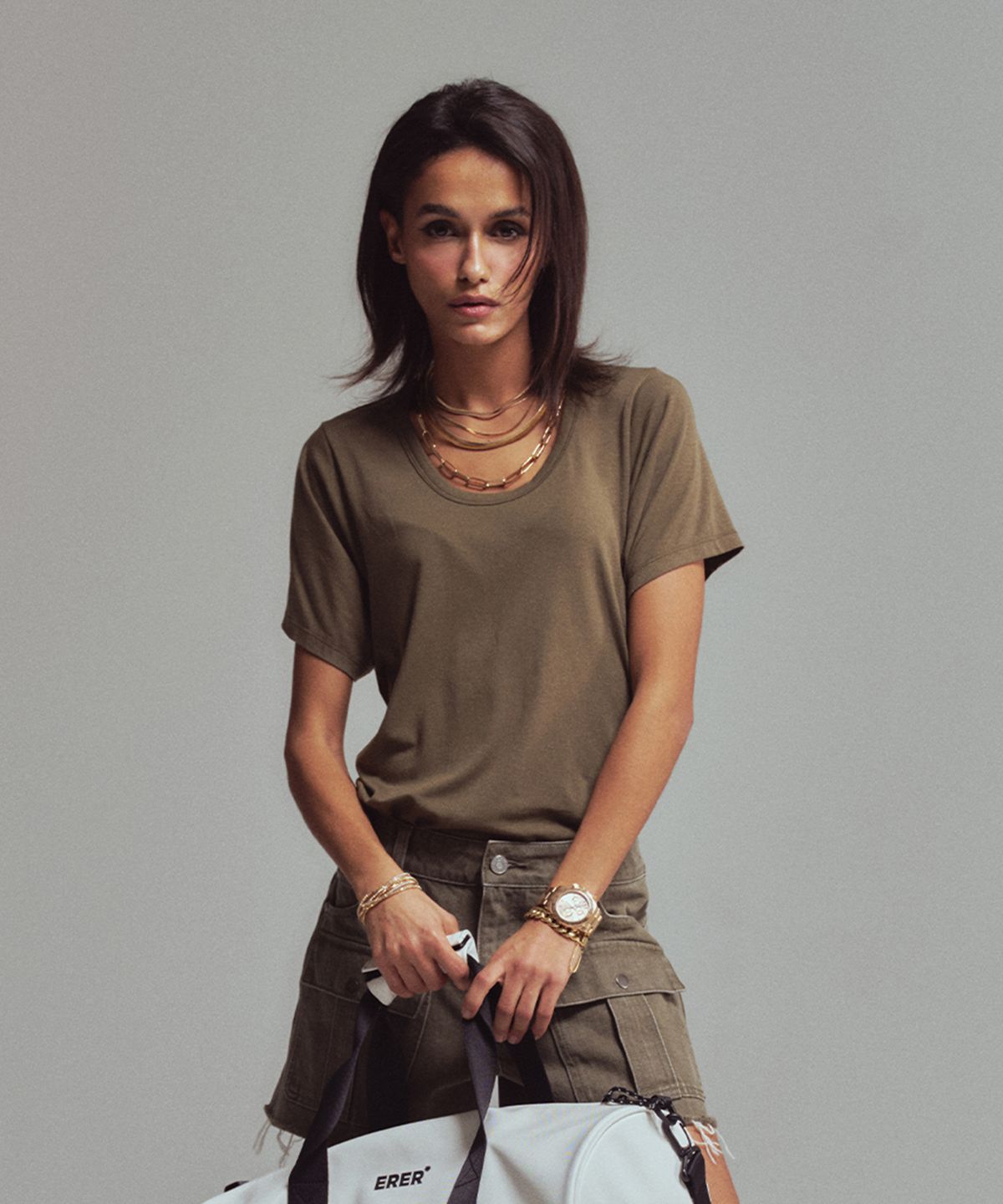 에르에르(ERER) Back saggy t-shirt Khaki
