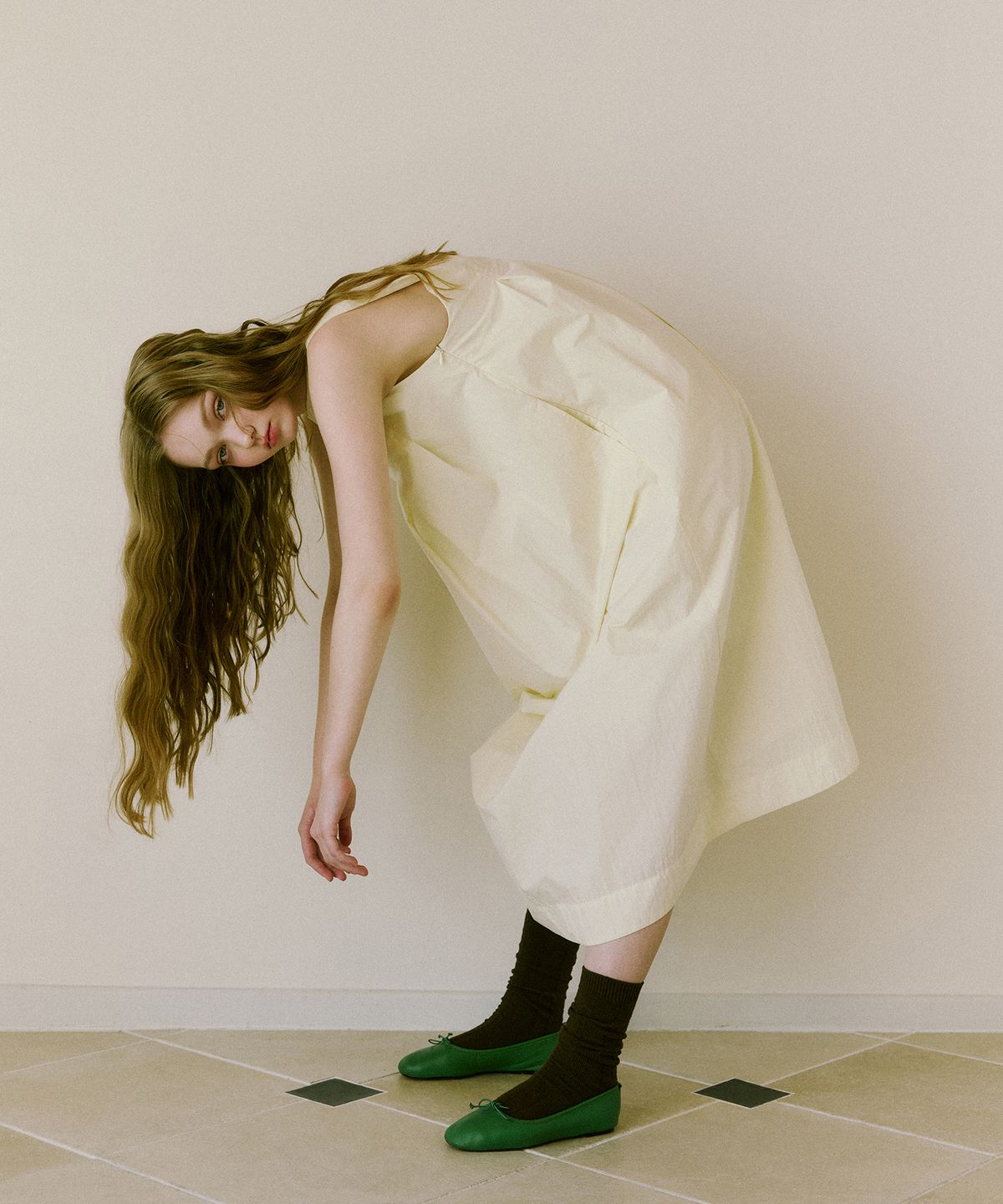 그린버터(GREENBUTTER) Cotton Nylon Pintuck Dress (Cream)