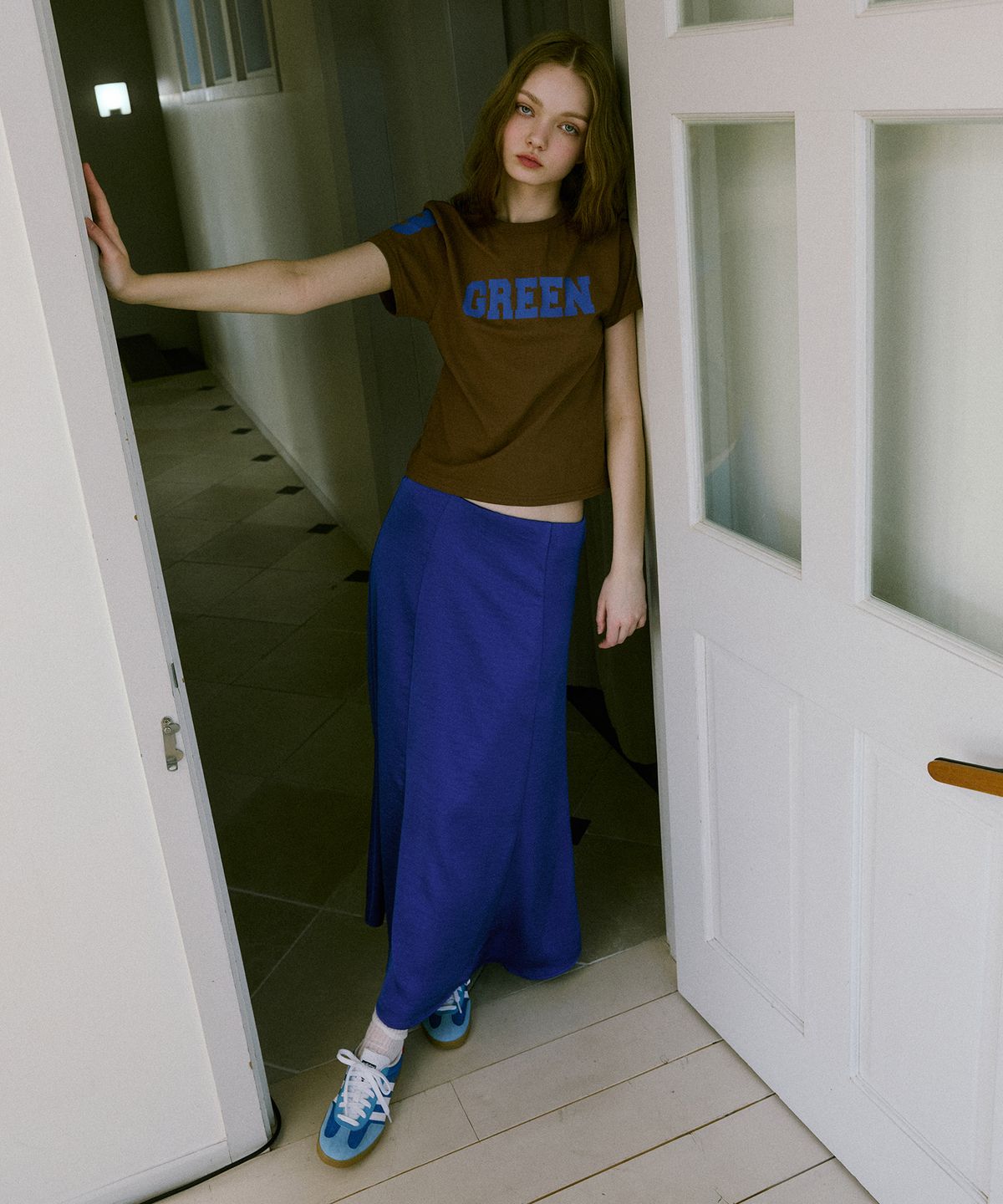 그린버터(GREENBUTTER) Silky banding Skirt (Cobalt)