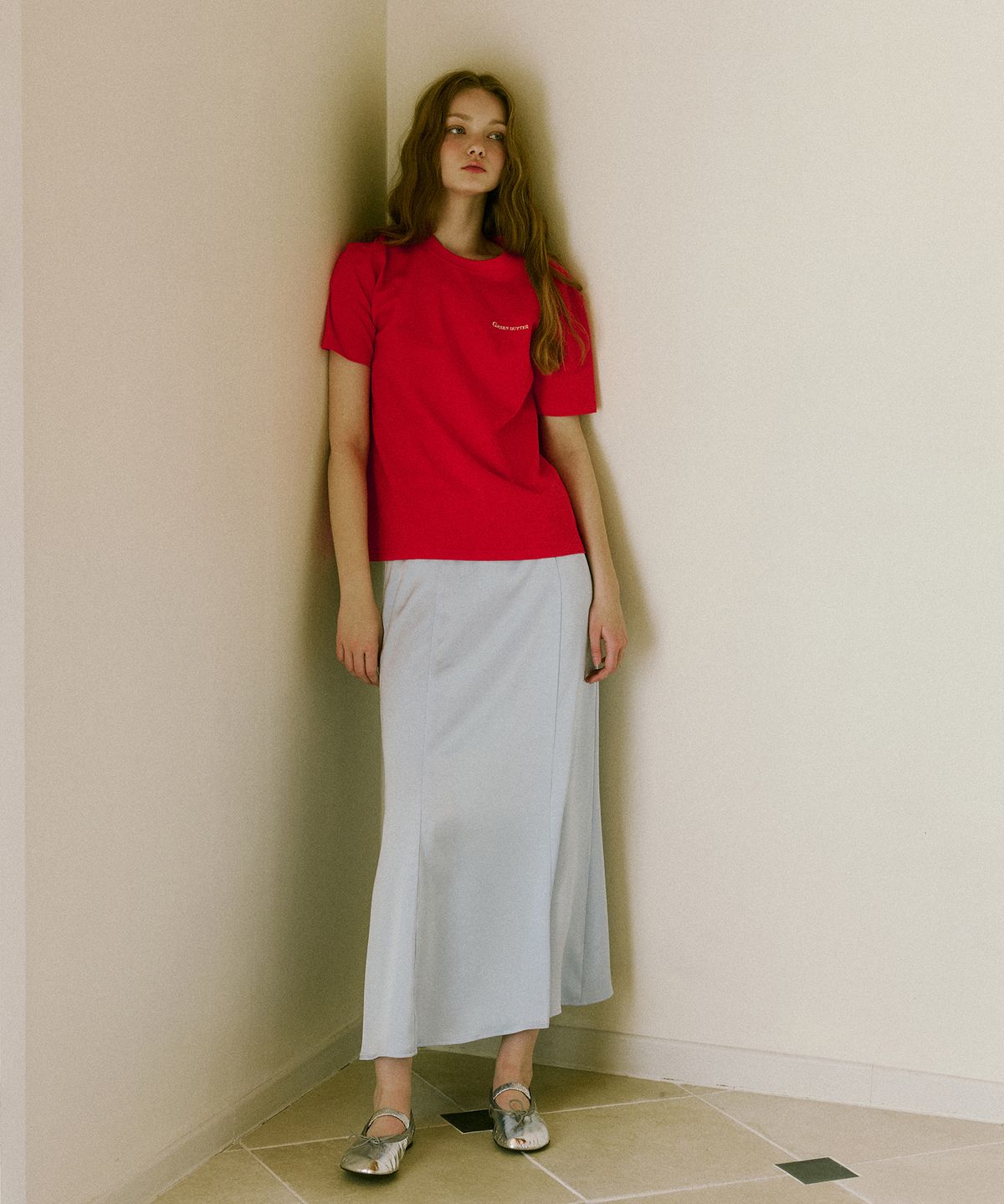 그린버터(GREENBUTTER) Silky banding Skirt (Light Blue)