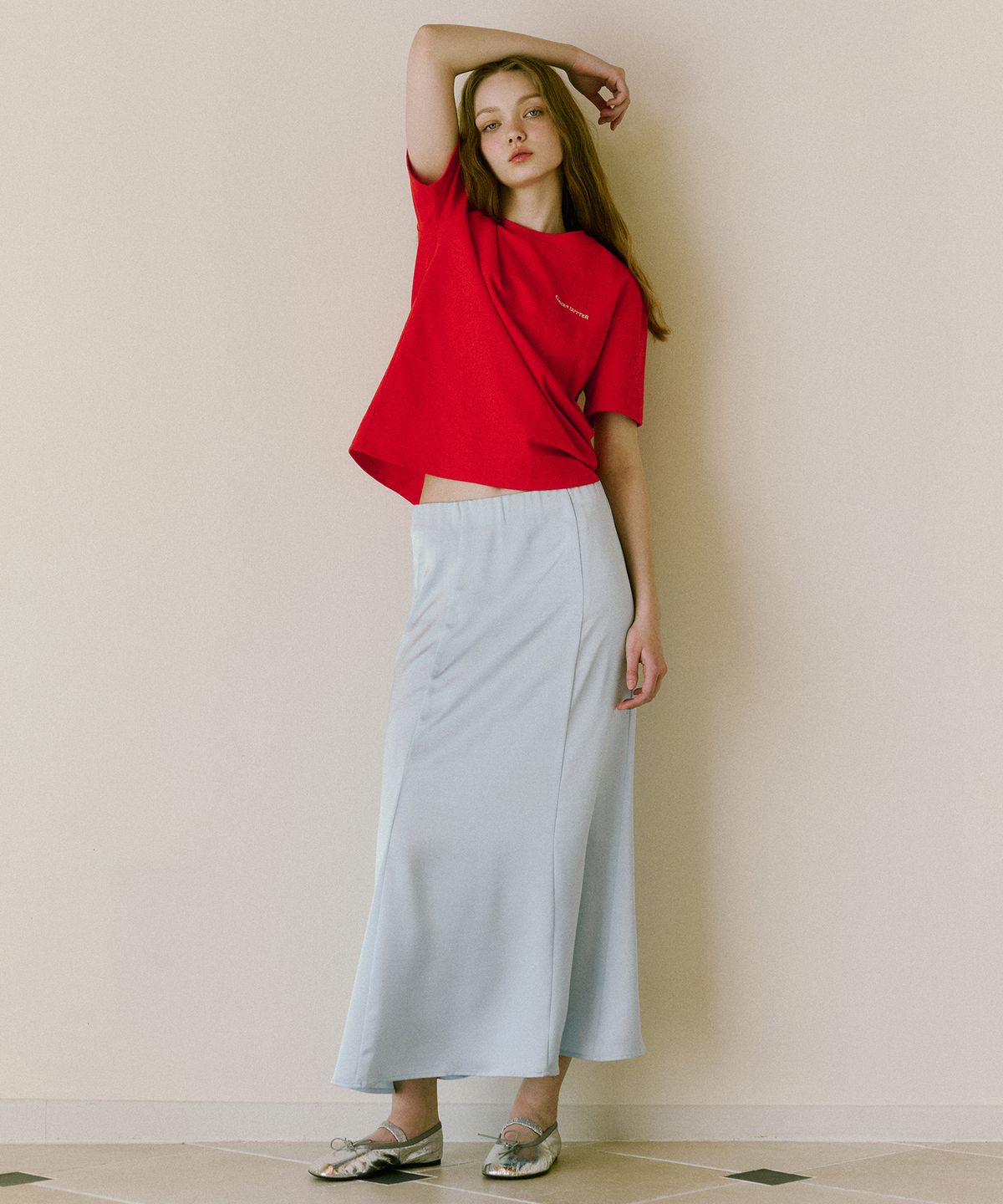 그린버터(GREENBUTTER) Silky banding Skirt (Light Blue)