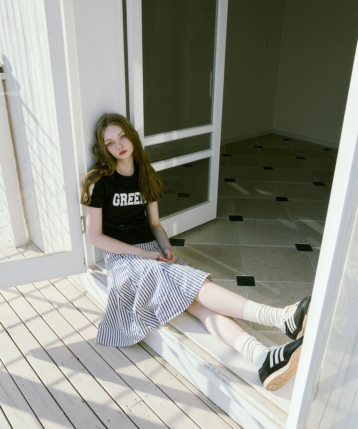 그린버터(GREENBUTTER) Flare Stripe Skirt (Blue)