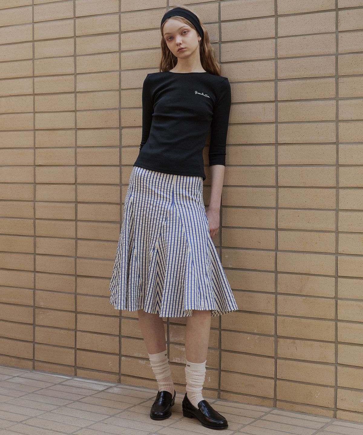그린버터(GREENBUTTER) Flare Stripe Skirt (Blue)
