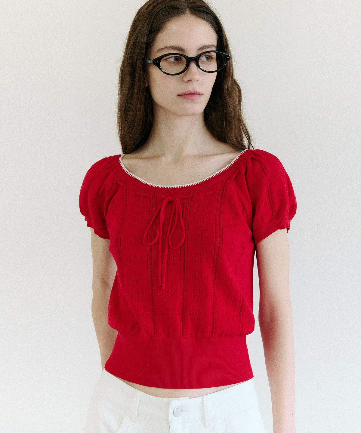 로라로라(ROLAROLA) SKASHI RIBBON POINTED HALF KNIT RED