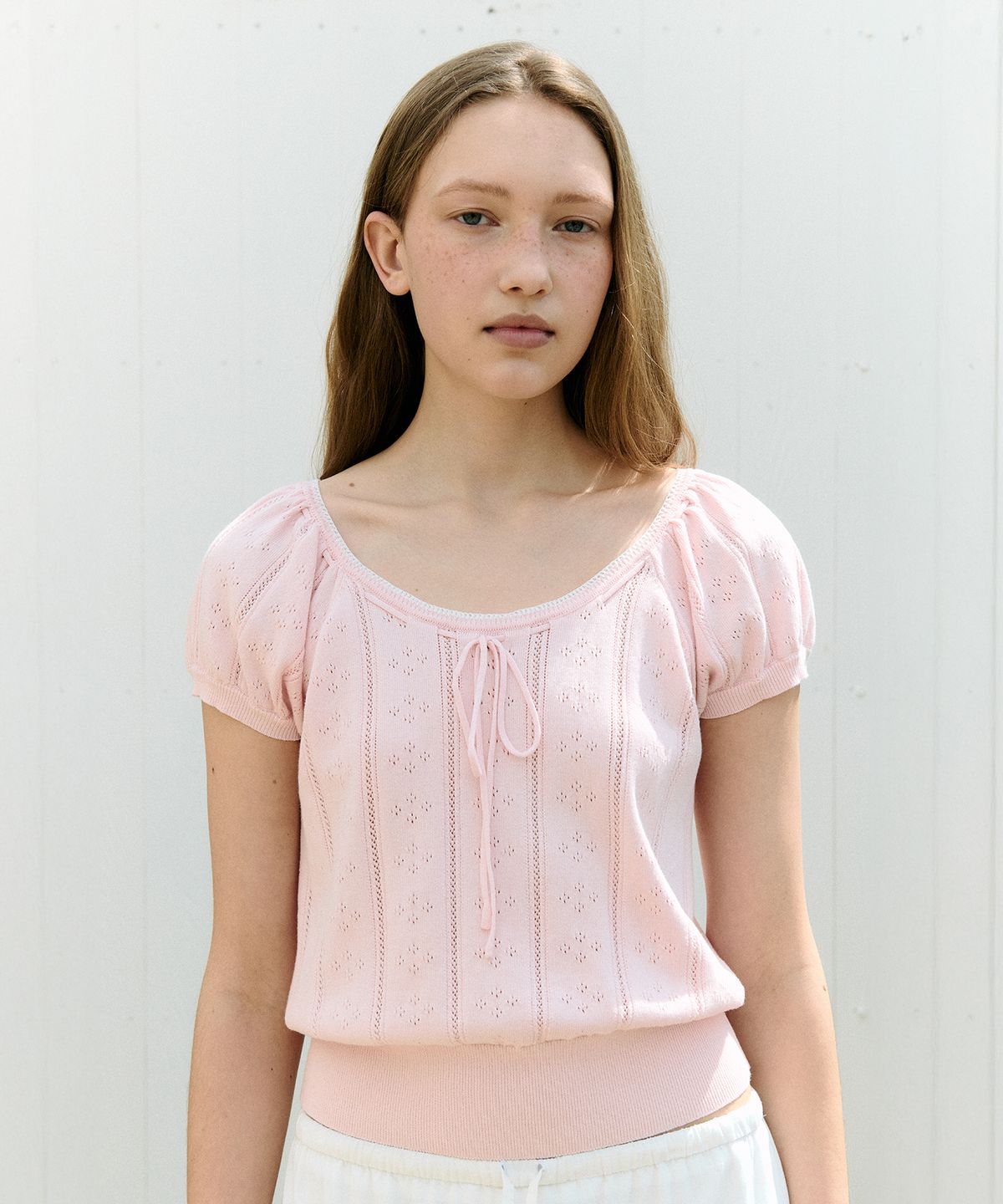 로라로라(ROLAROLA) SKASHI RIBBON POINTED HALF KNIT PINK