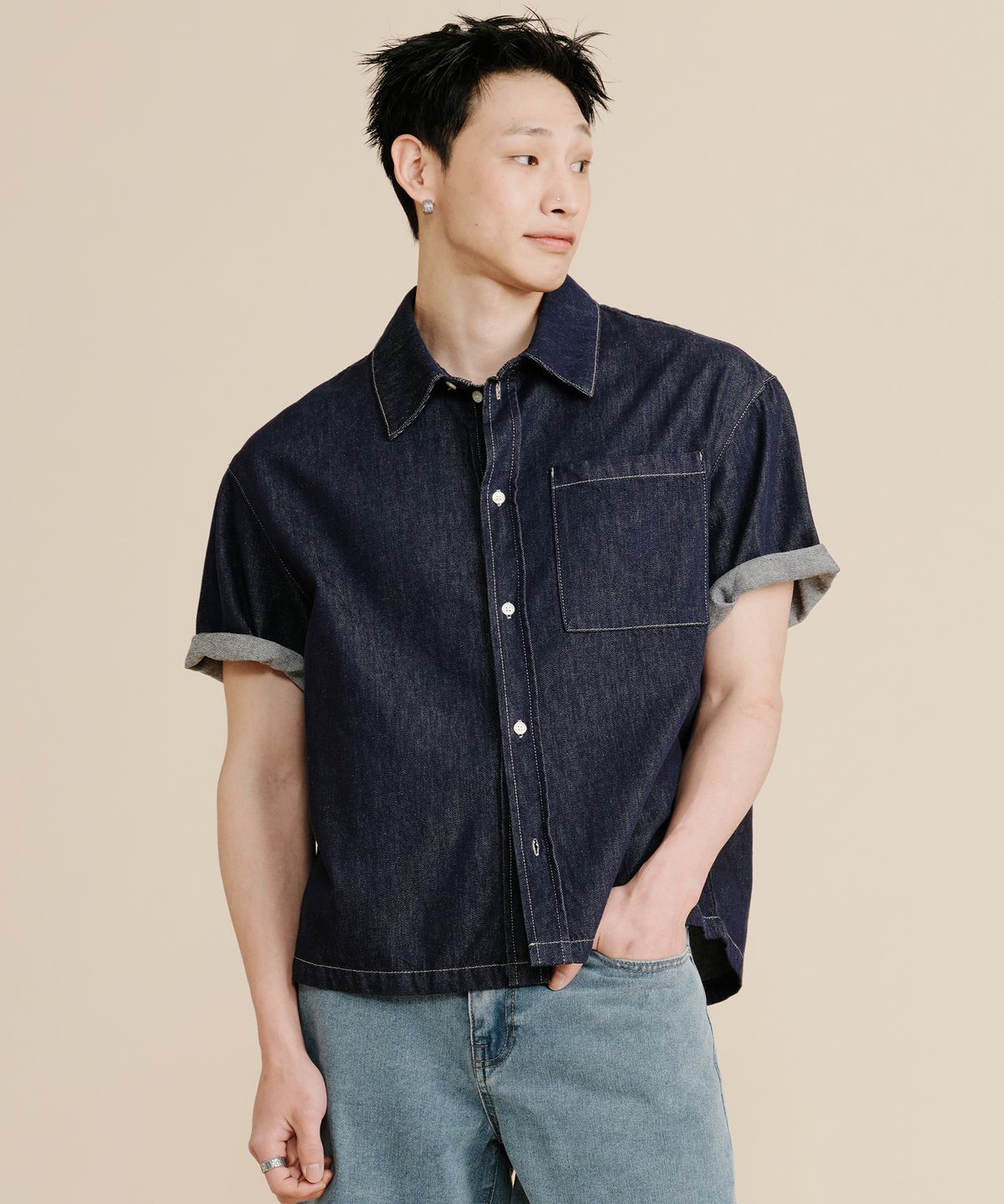 플랙(PLAC) 논페이드 반팔 데님 셔츠 다크 인디고