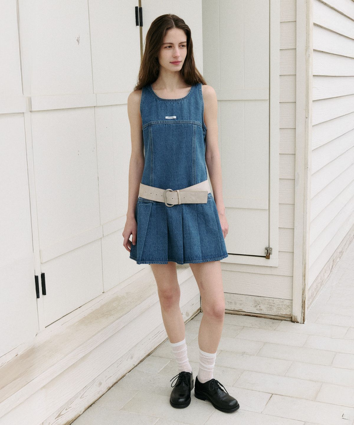 로라로라(ROLAROLA) DENIM PLEATS ONEPIECE BLUE