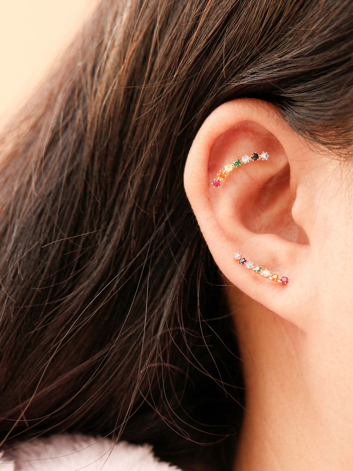 미니멀피어싱(MINIMALPIERCING) 14K 레인보우 큐빅 커브 피어싱 귀걸이