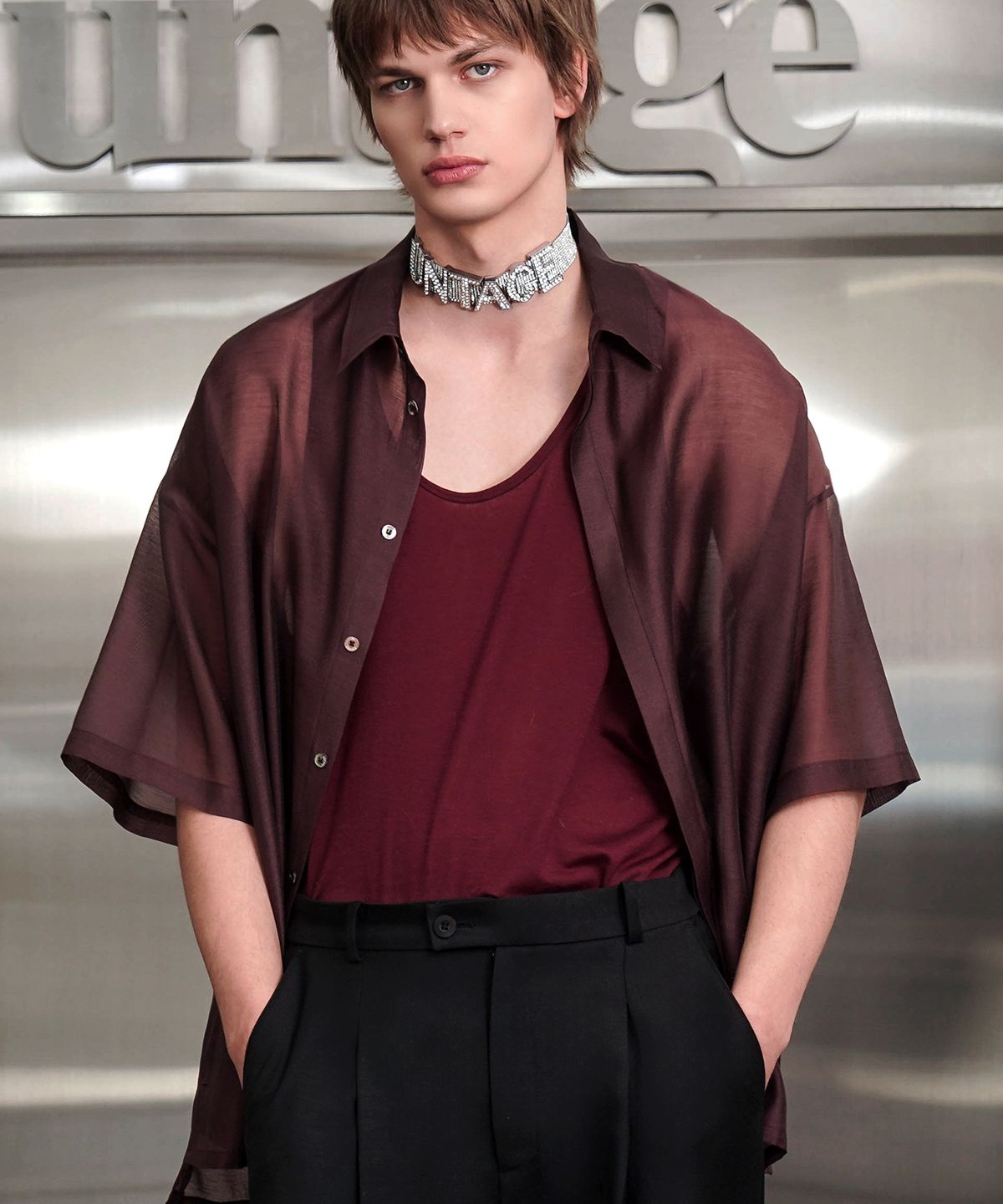 언티지(UNTAGE) 세미 시어 반팔 셔츠[Burgundy(UNISEX)]_UTS-SS61
