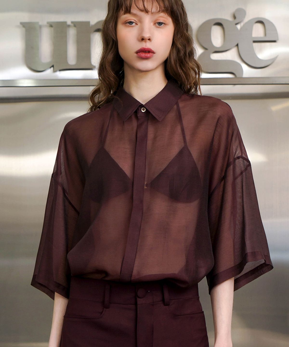 언티지(UNTAGE) 세미 시어 반팔 셔츠[Burgundy(UNISEX)]_UTS-SS61