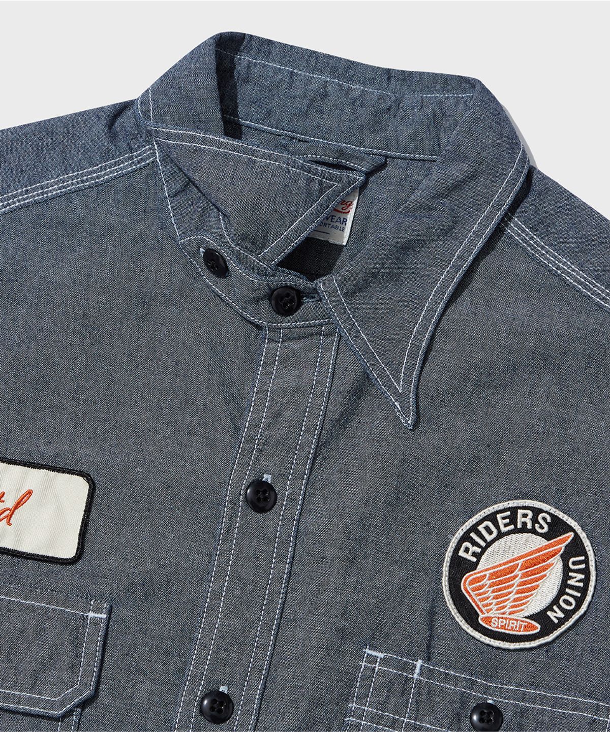 아웃스탠딩(OUTSTANDING) WAPPEN CHAMBRAY WORK HALF SHIRT_D.BLUE