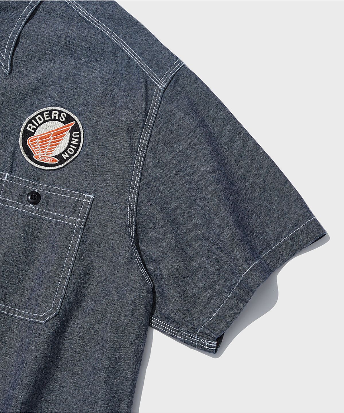 아웃스탠딩(OUTSTANDING) WAPPEN CHAMBRAY WORK HALF SHIRT_D.BLUE