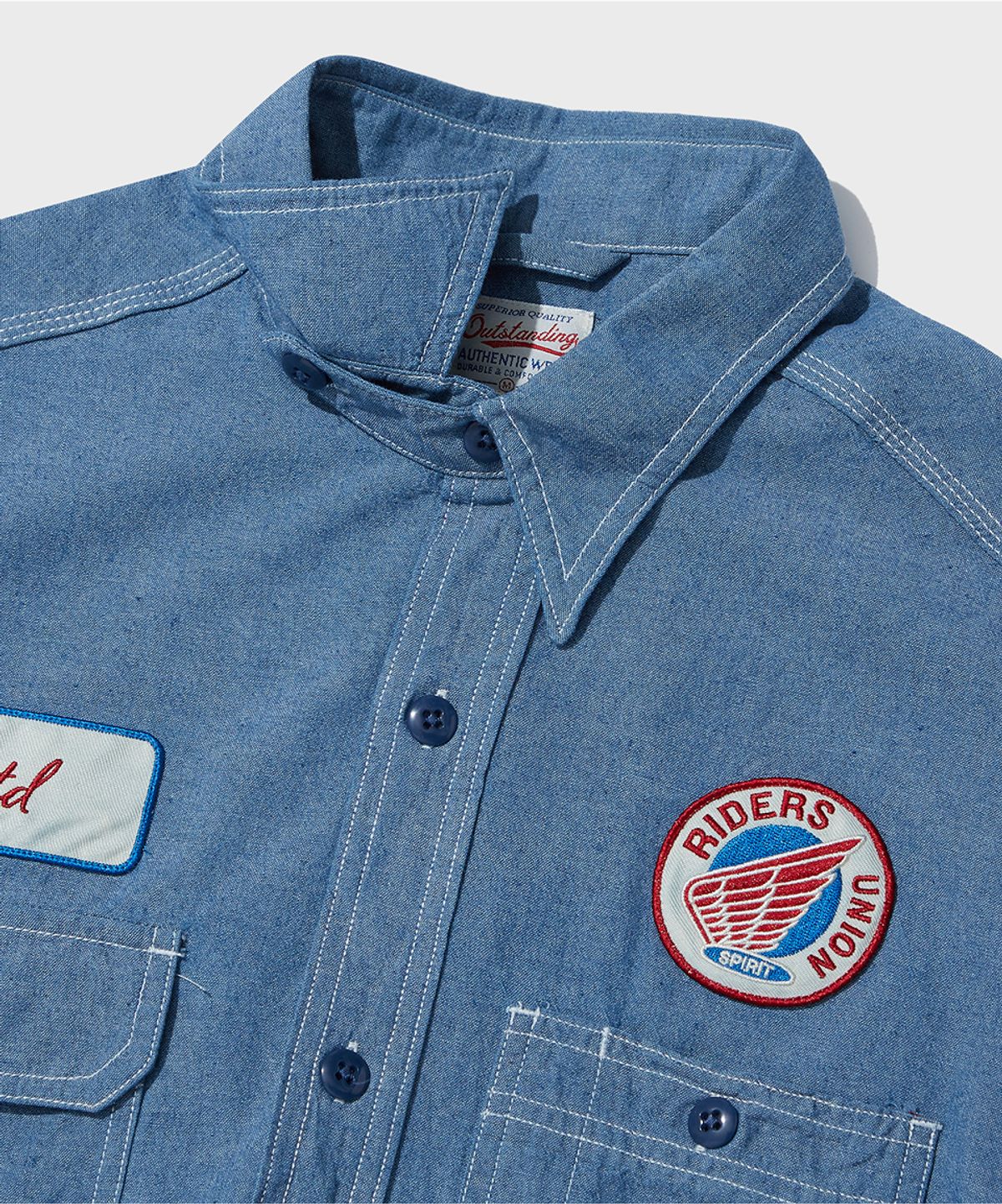 아웃스탠딩(OUTSTANDING) WAPPEN CHAMBRAY WORK HALF SHIRT_L.BLUE