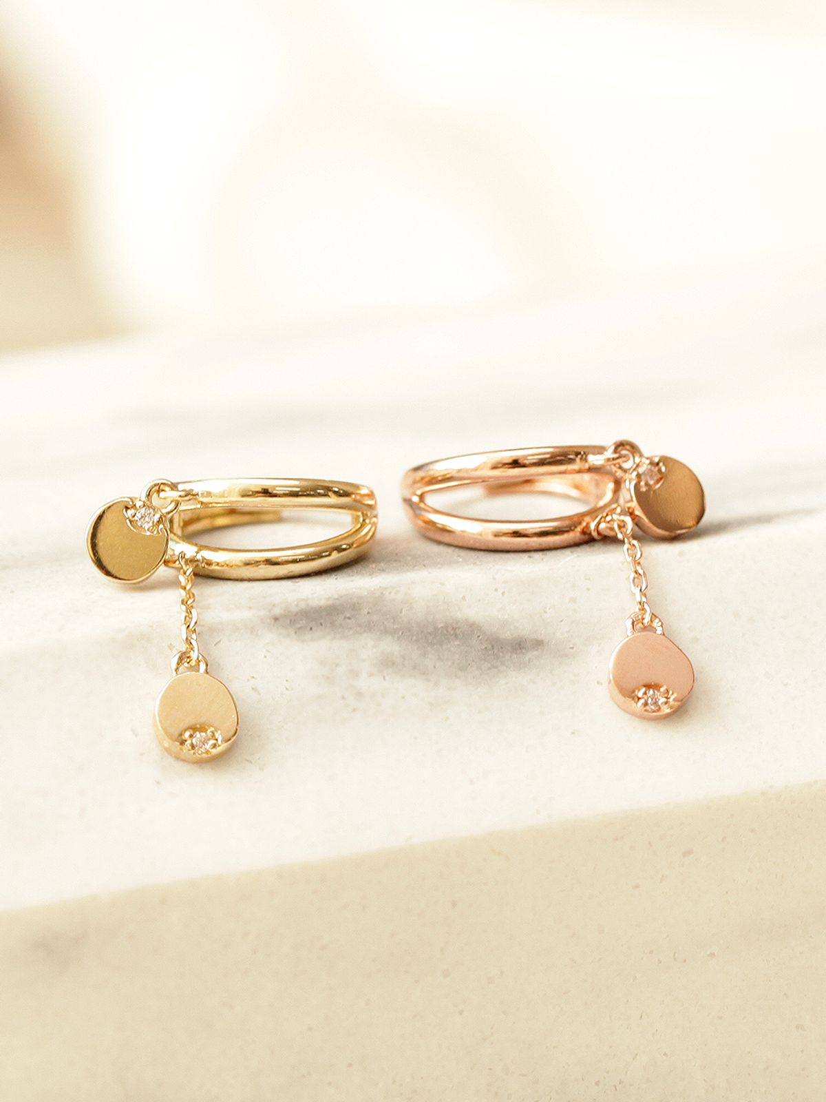 미니멀피어싱(MINIMALPIERCING) 14K 미니 코인 체인 드롭 원터치 두줄 링귀걸이