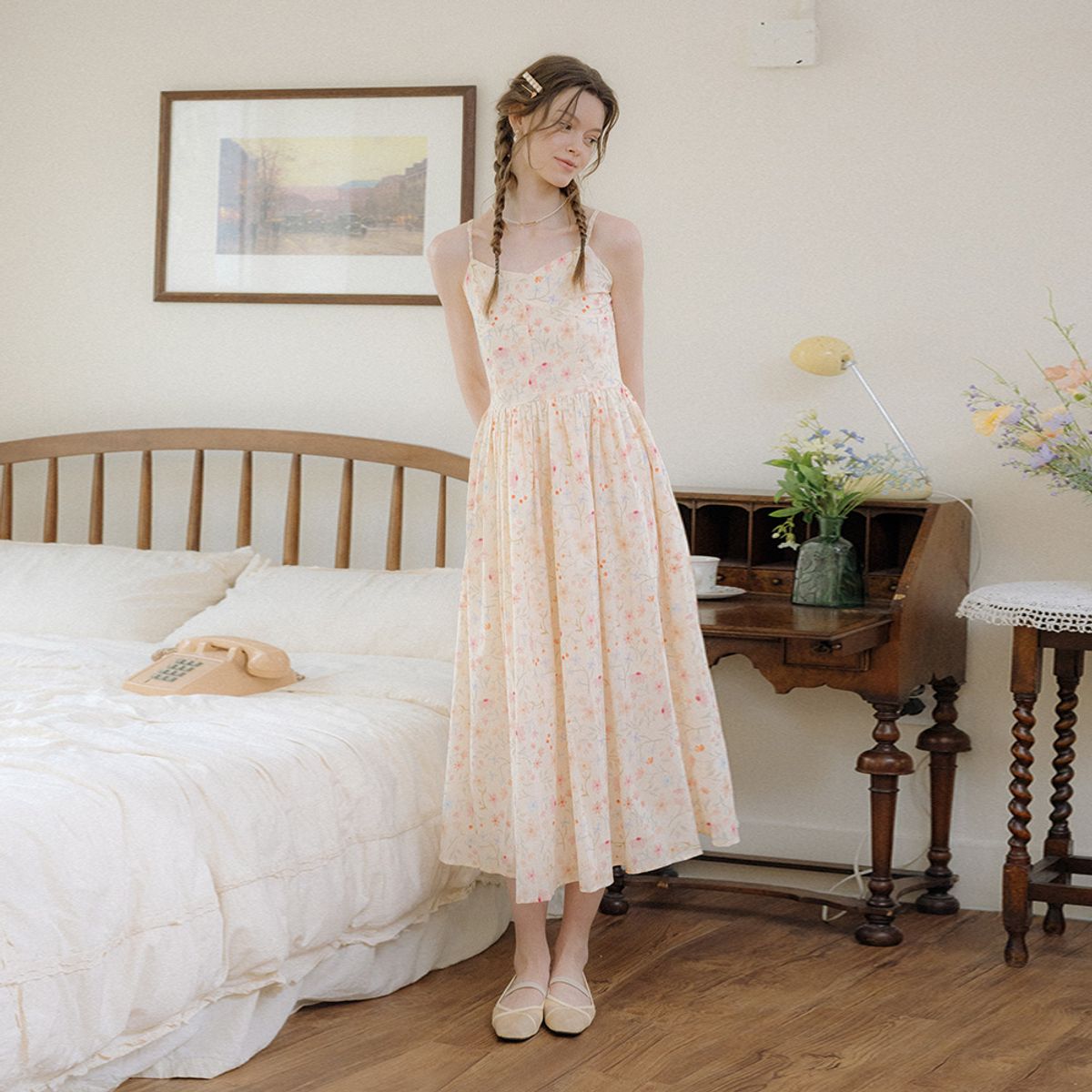 던드롭(DUNDROP) DD_Sling flower dress_CREAM