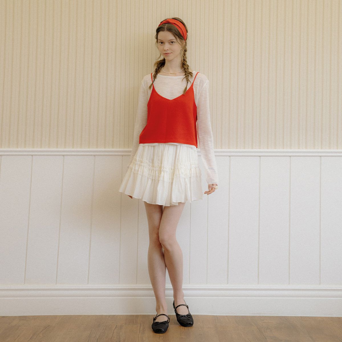 던드롭(DUNDROP) DD_Red sleeveless knit and blouse set
