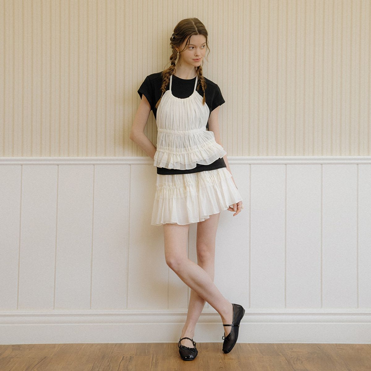 던드롭(DUNDROP) DD_Pleated top and skirt set_IVORY