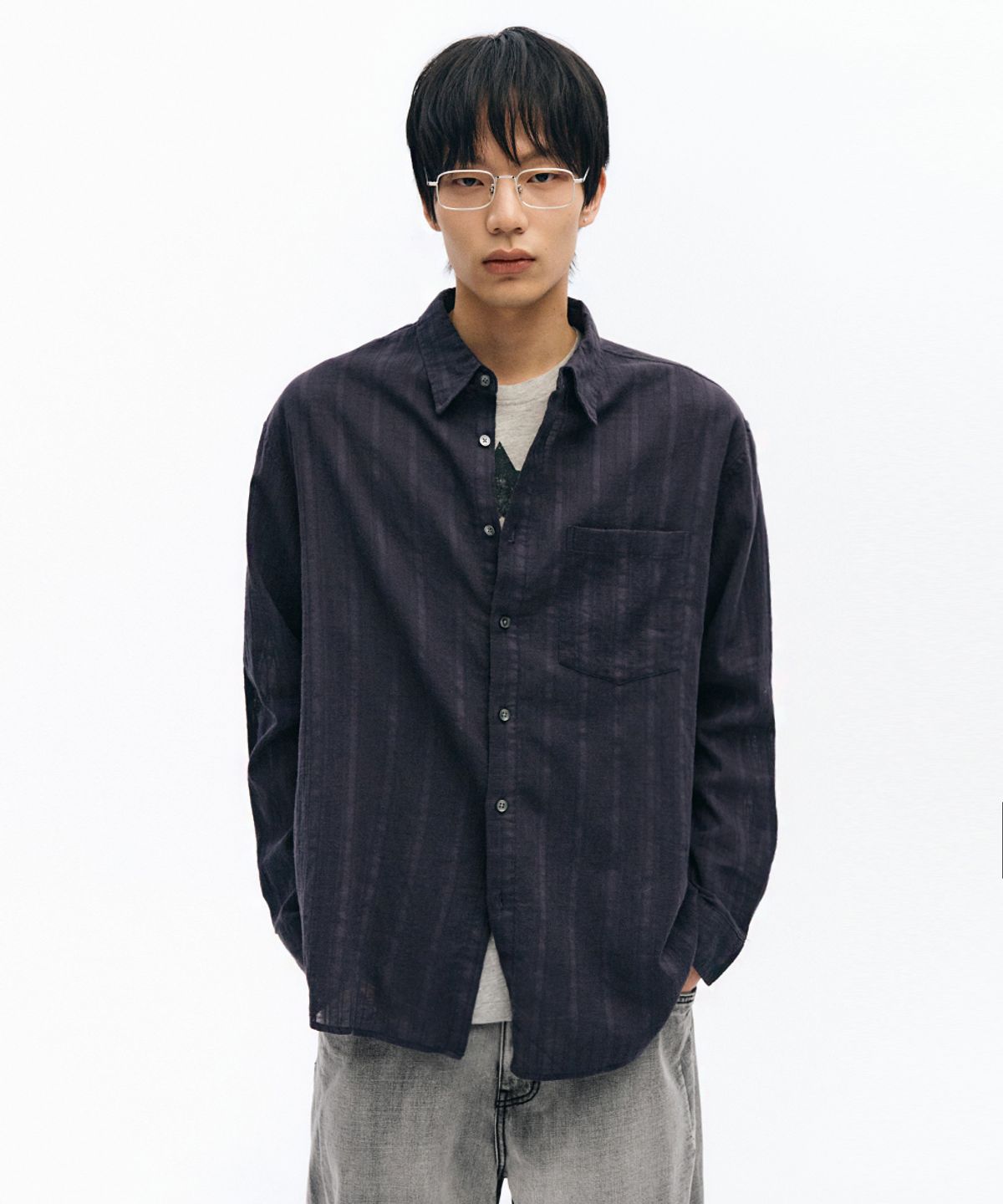 인템포무드(INTEMPOMOOD) 쉐도우 스트라이프 오버 셔츠_다크퍼플
