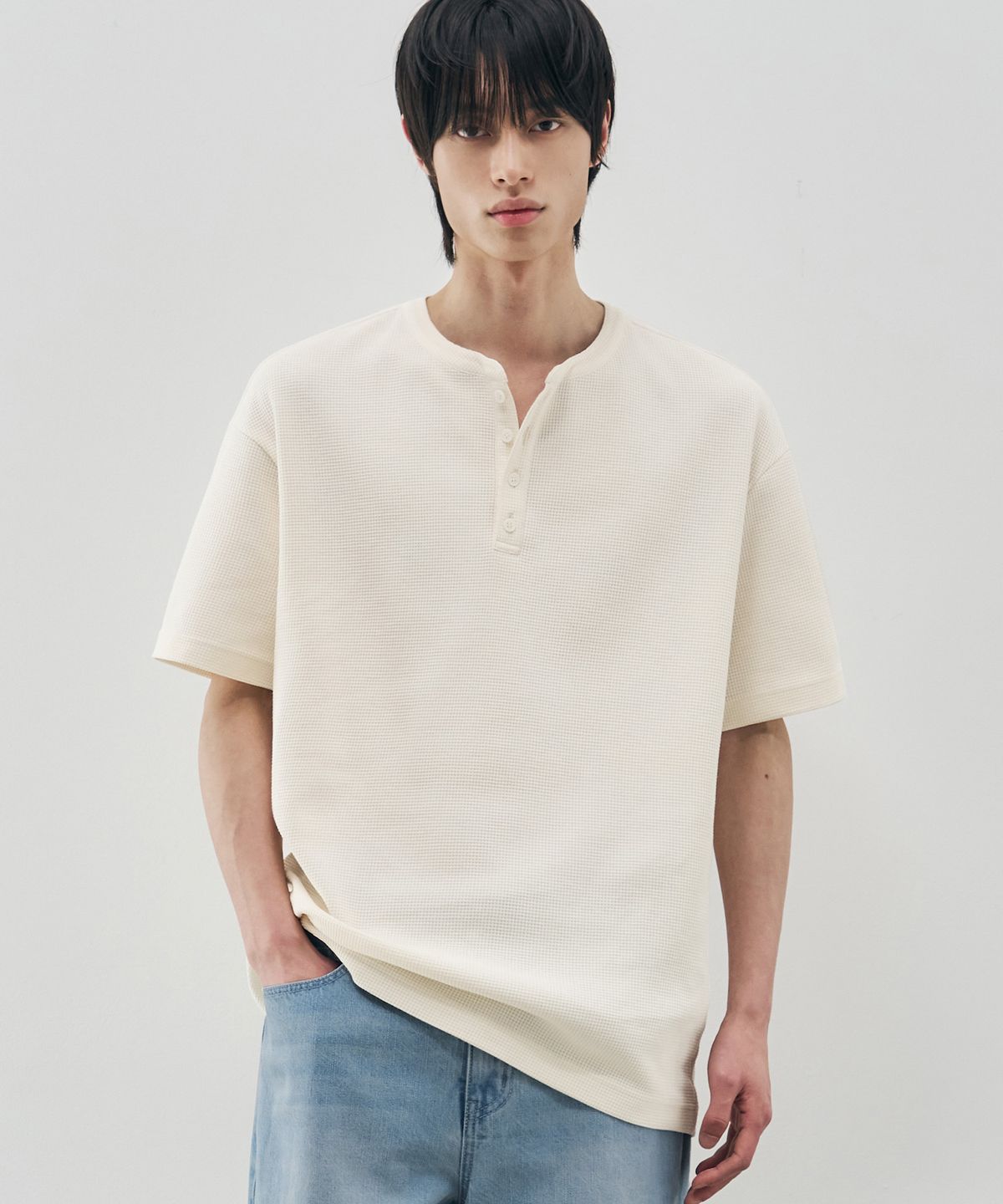 드로우핏(DRAW FIT) 와플 헨리넥 하프 티셔츠 [IVORY]