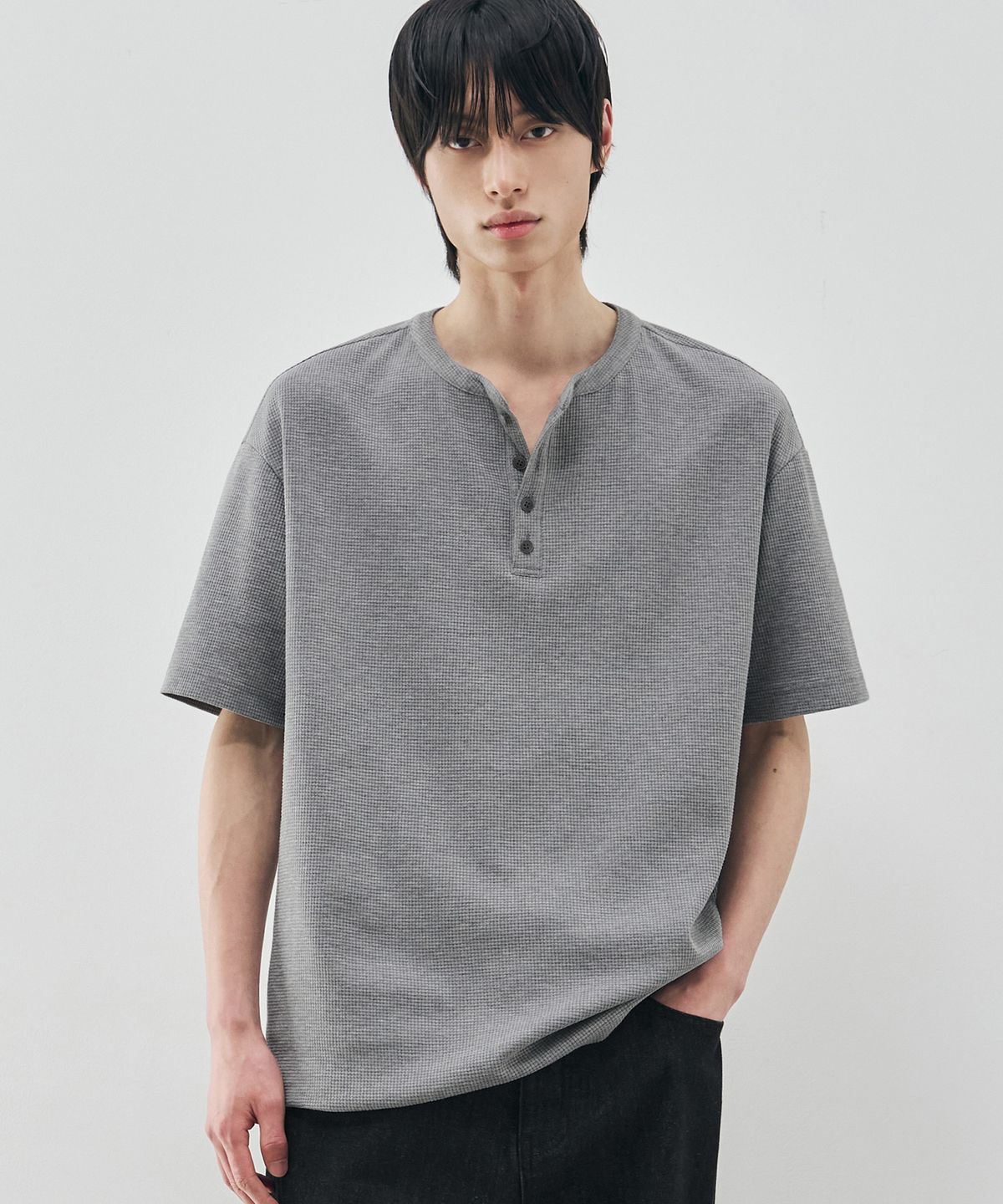 드로우핏(DRAW FIT) 와플 헨리넥 하프 티셔츠 [MELANGE]
