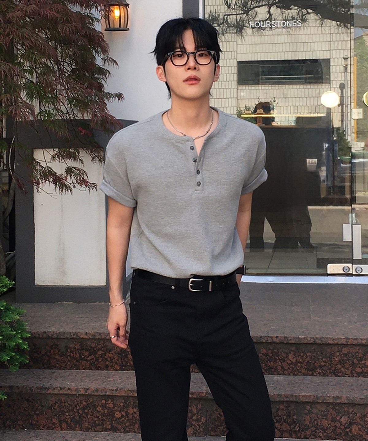 드로우핏(DRAW FIT) 와플 헨리넥 하프 티셔츠 [MELANGE]