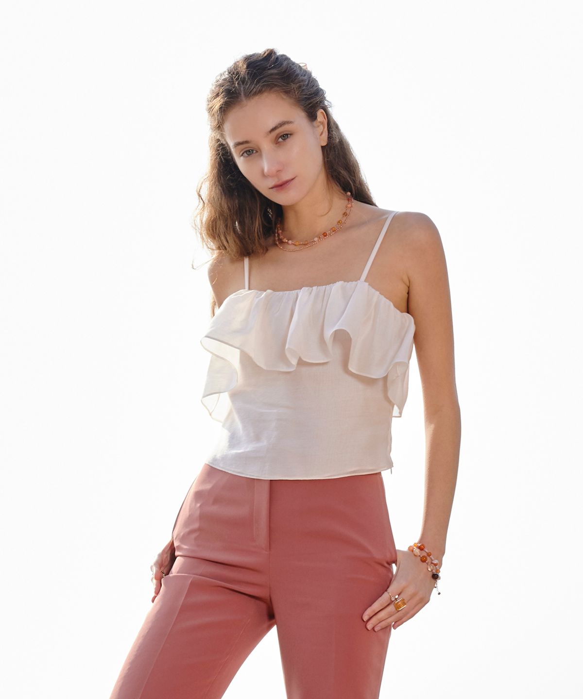 아이스가든에이오공팔(ICE GARDEN A.508) Ruffle Sleeveless Top_Sheer Apricot