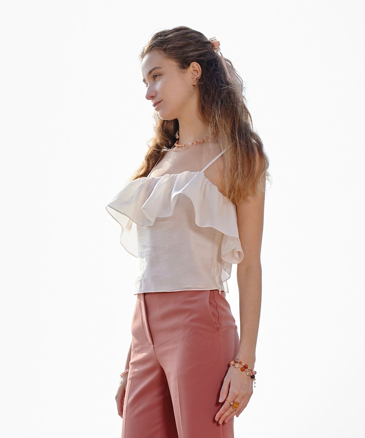 아이스가든에이오공팔(ICE GARDEN A.508) Ruffle Sleeveless Top_Sheer Apricot