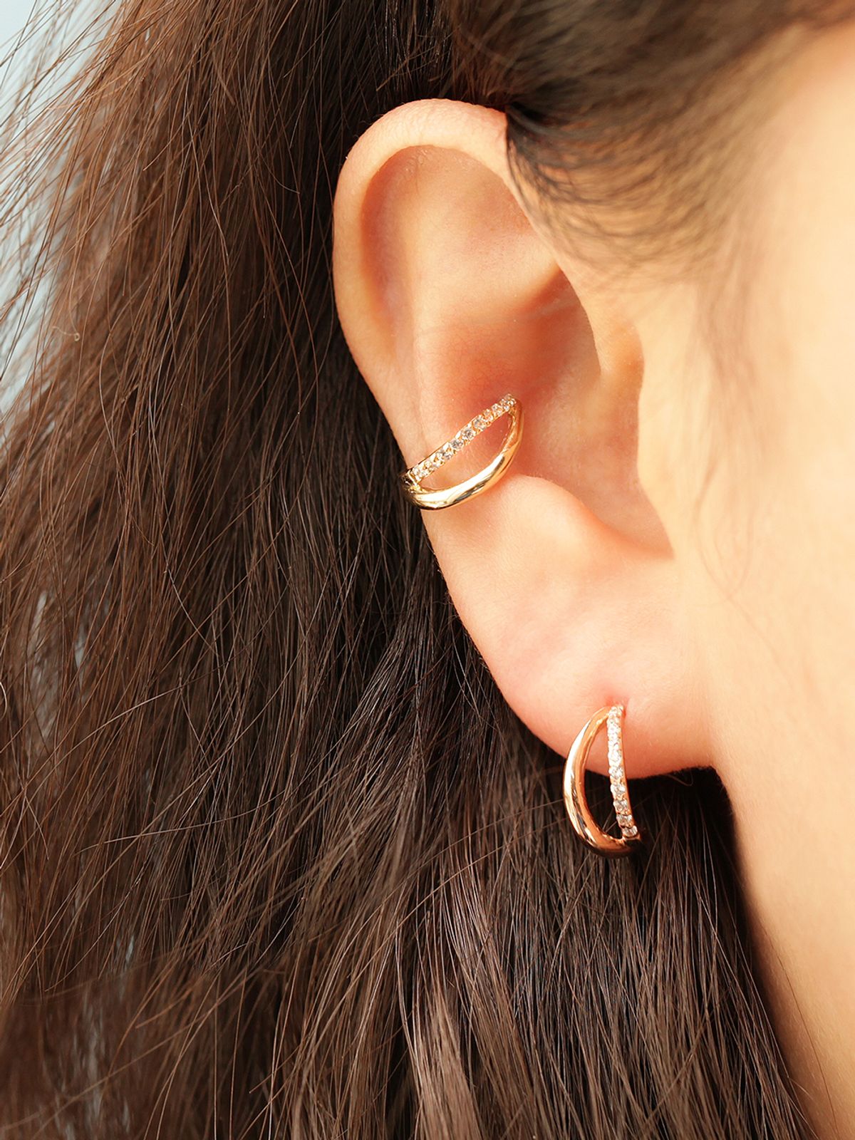 미니멀피어싱(MINIMALPIERCING) 14K 두줄 하프 큐빅 커브 링 피어싱 귀걸이