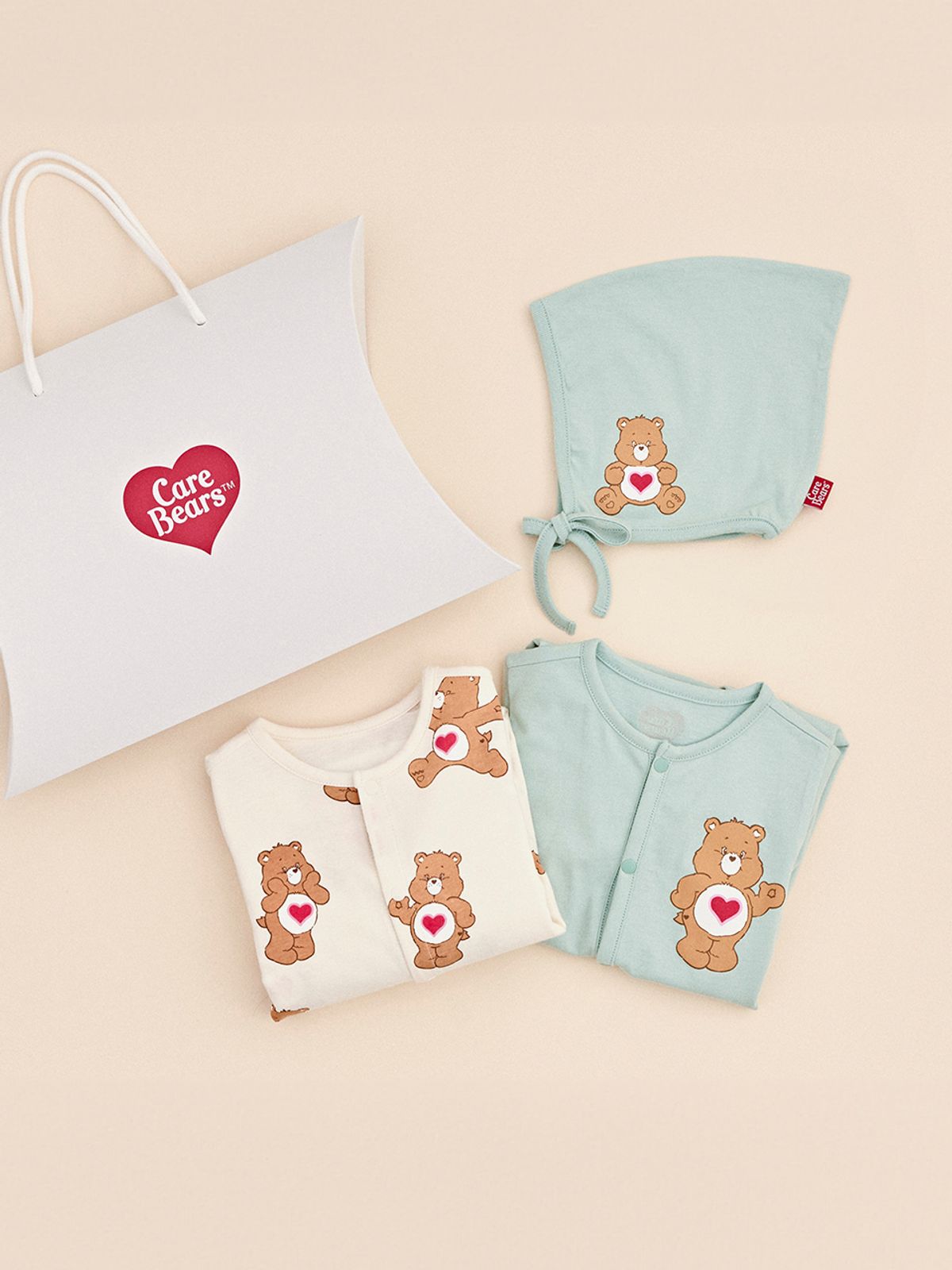케어베어(CAREBEARS) 출산/백일/돌선물 오가닉바디수트2종+모자세트+선물쇼핑백