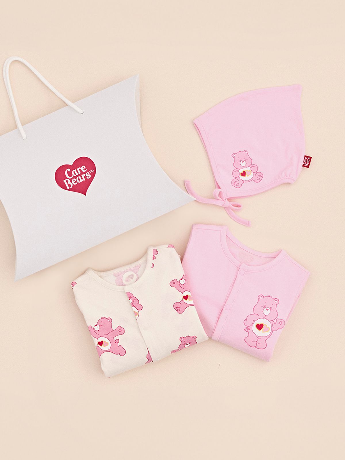 케어베어(CAREBEARS) 출산/백일/돌선물 오가닉바디수트2종+모자세트+선물쇼핑백
