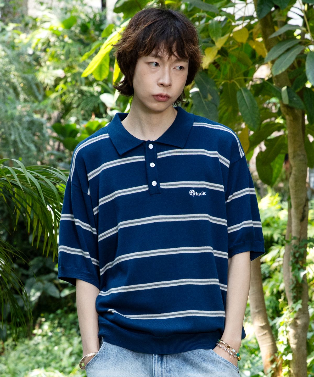 글랙(GLACK) GNT016 몹스터 스트라이프 카라 니트 (NAVY)