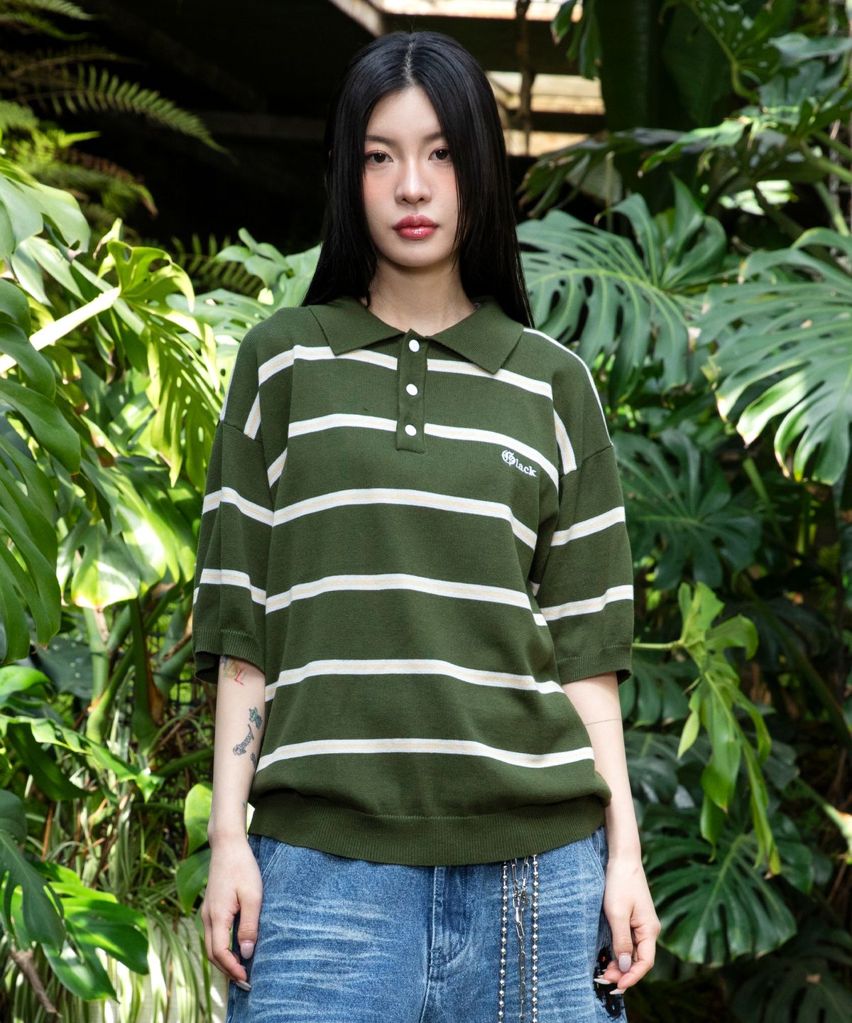 글랙(GLACK) GNT016 몹스터 스트라이프 카라 니트 (OLIVE)