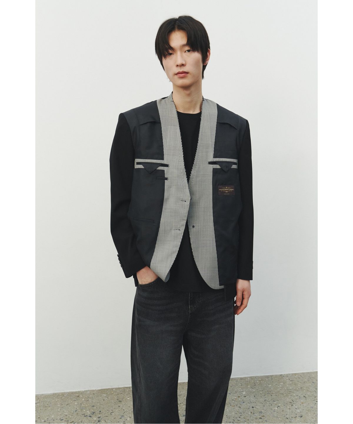 래코드(RECODE) [RE;CODE 남성] Collarless Check Jacket_RKJAS25603BKX