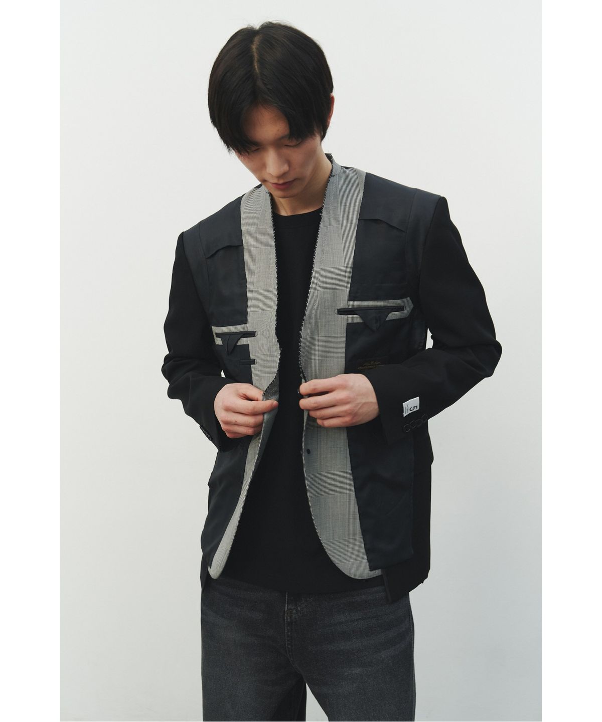 래코드(RECODE) [RE;CODE 남성] Collarless Check Jacket_RKJAS25603BKX