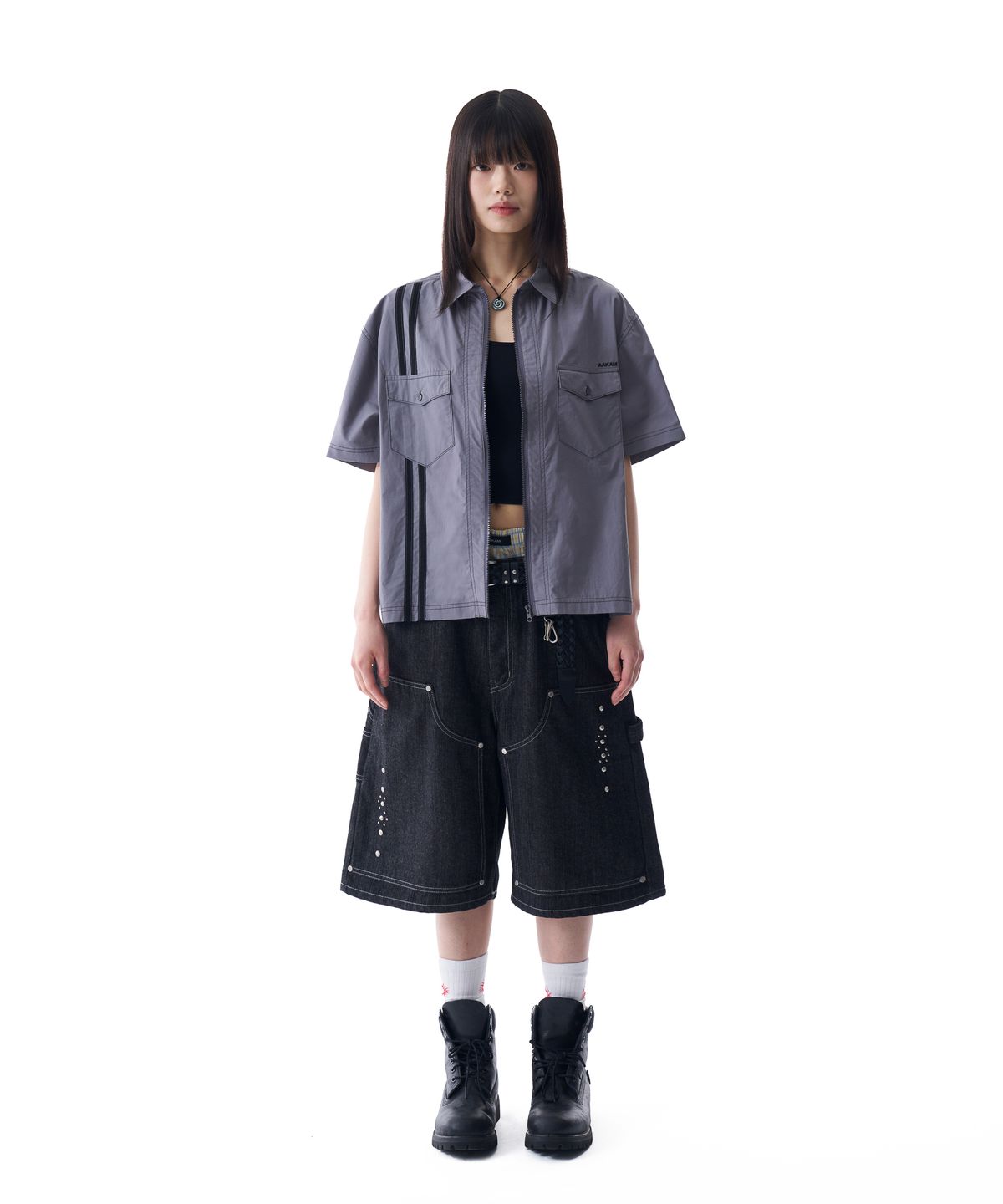 아캄(AAKAM) Studded Double Knee Bermuda Denim Pants (Black)