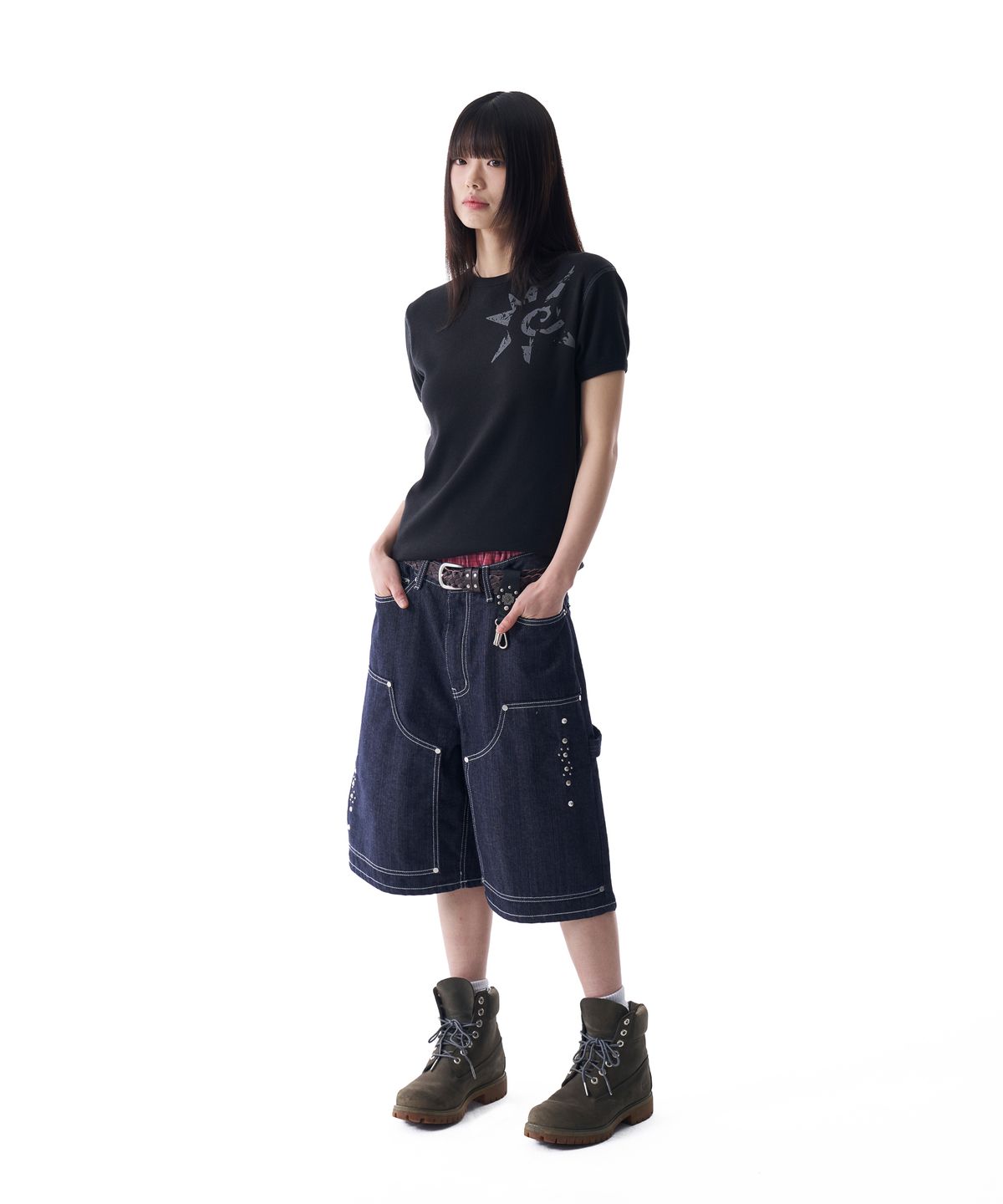 아캄(AAKAM) Studded Double Knee Bermuda Denim Pants (Dark Blue)