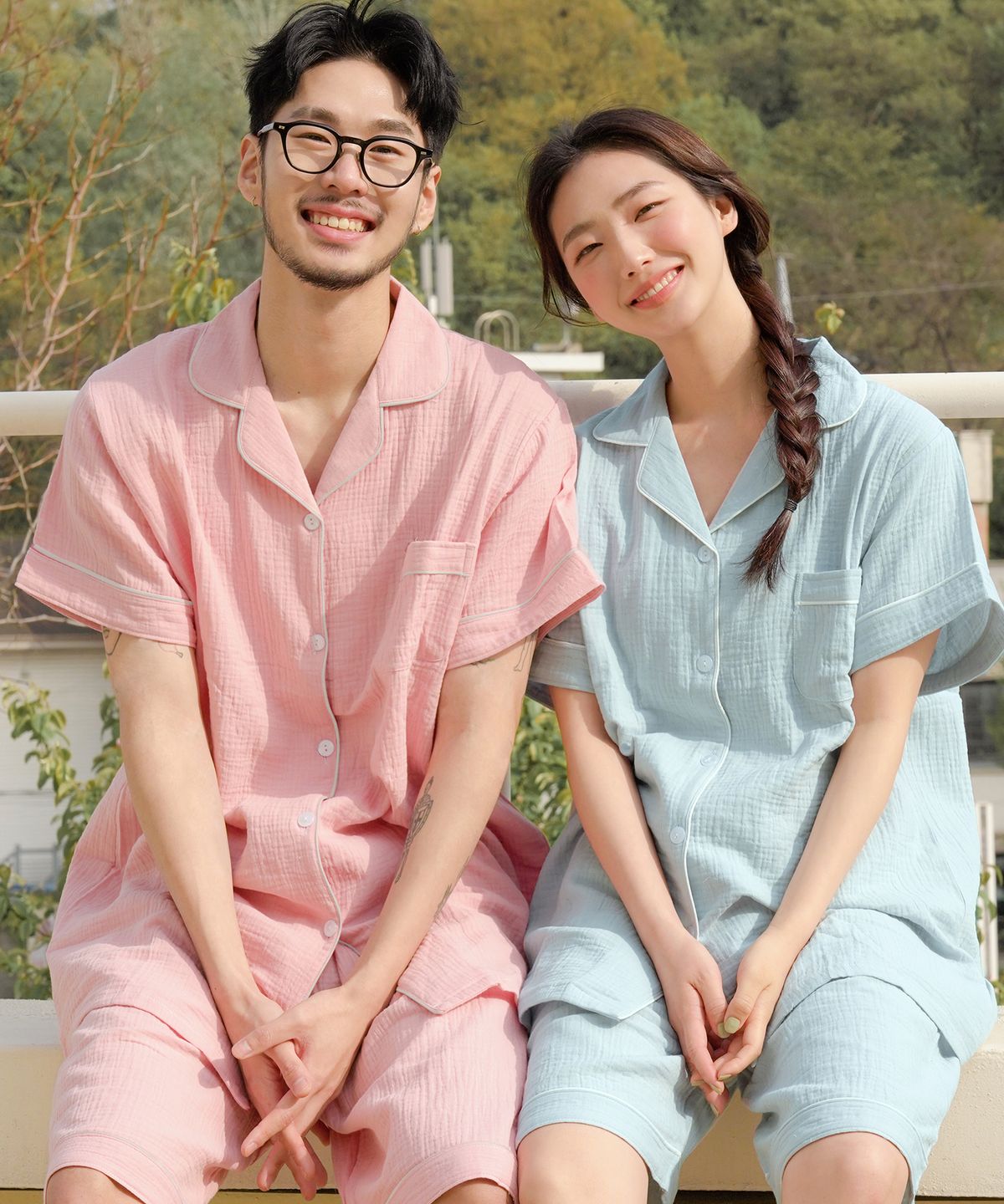 파란(PALAN) [2SET] 커플 여름 무지 요루면 반팔 잠옷 세트
