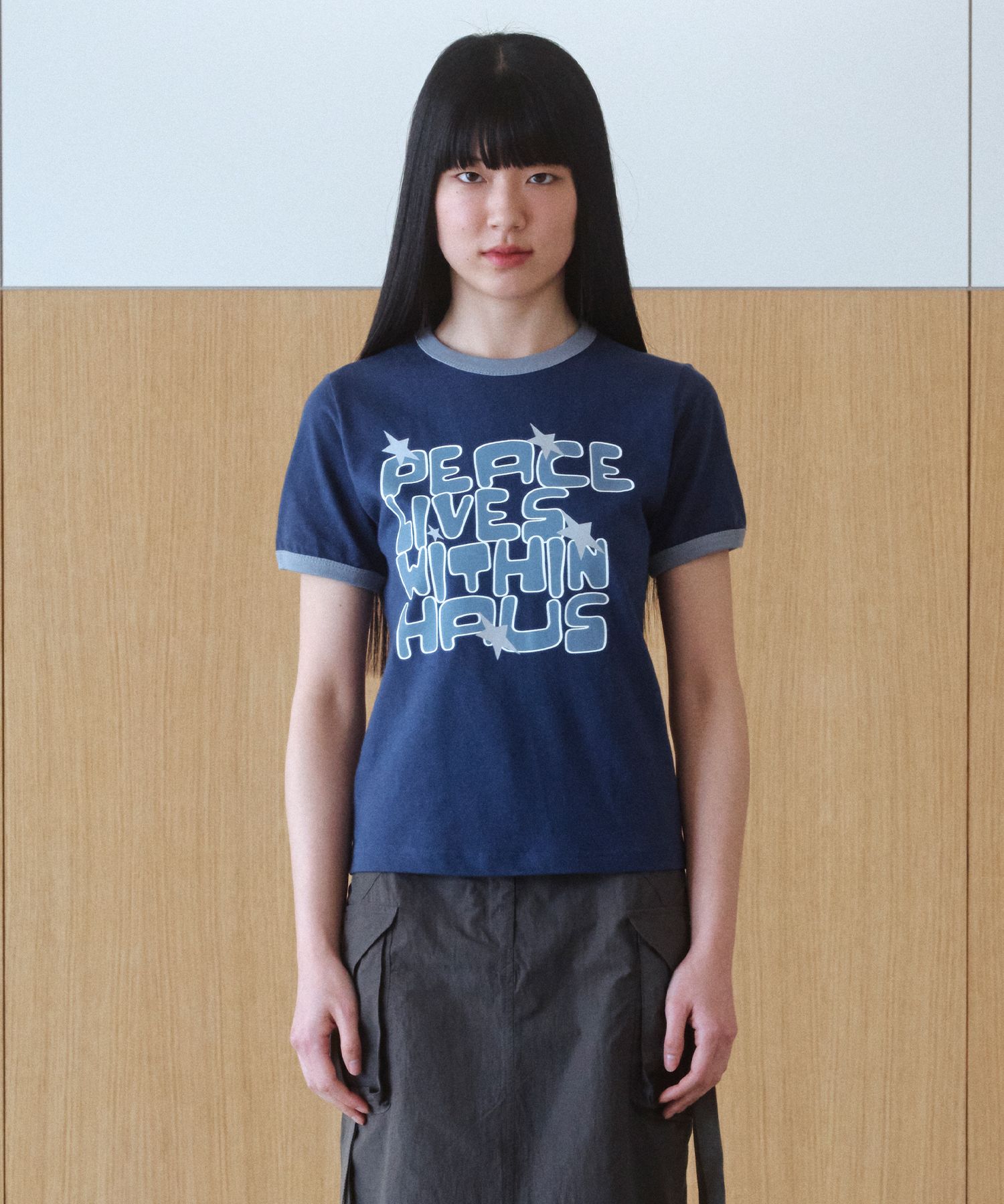 MUSINSA | BAUF Peace Ringer Slim Fit T-Shirt [Navy]